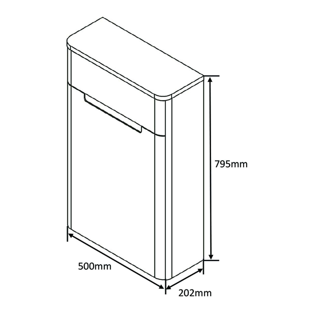 Designed bathroom cabinet with dimensions 795mm height, 500mm width, and 202mm depth, ideal for modern bath and toilet organisation.