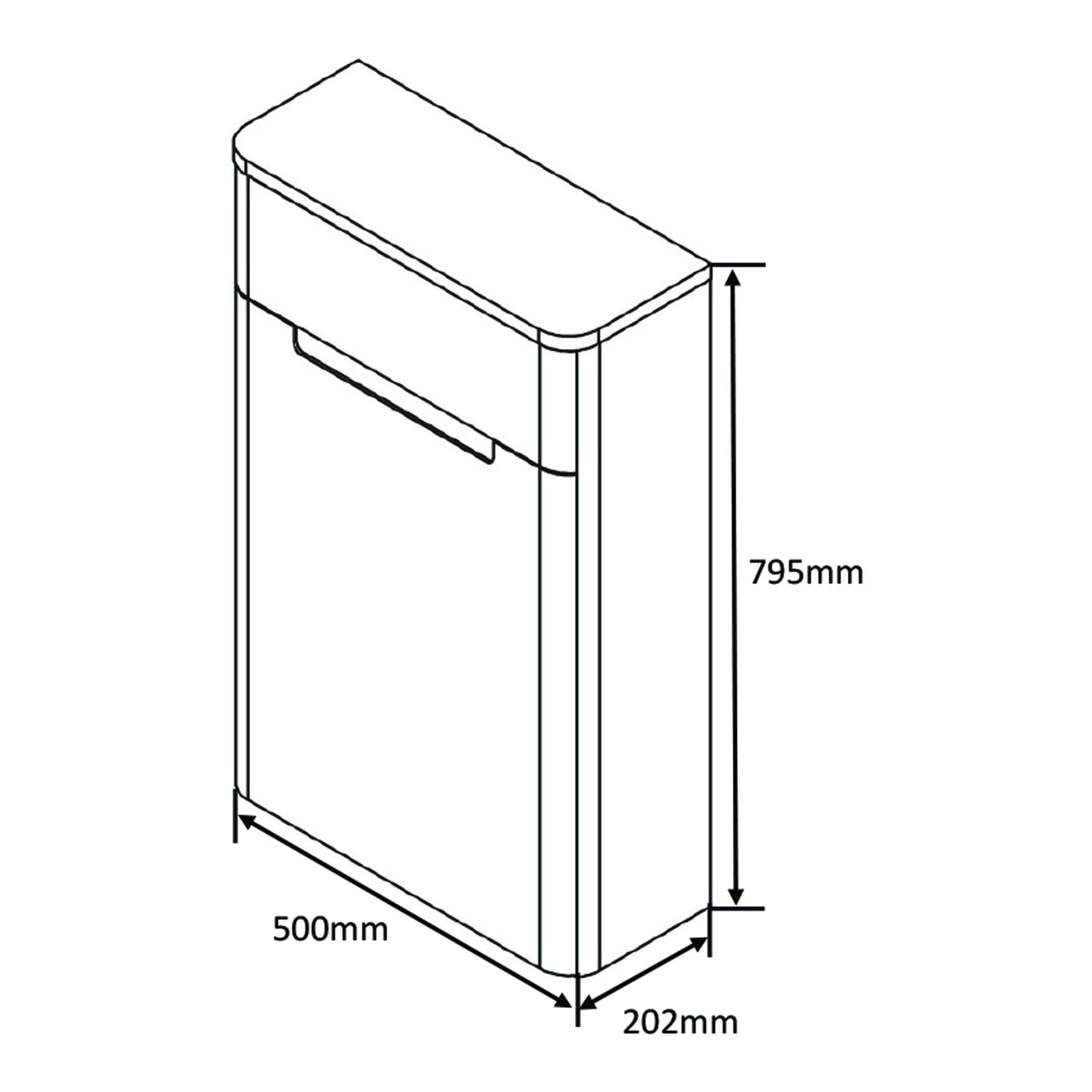 Designed bathroom cabinet with dimensions 795mm height, 500mm width, and 202mm depth, ideal for modern bath and toilet organisation.