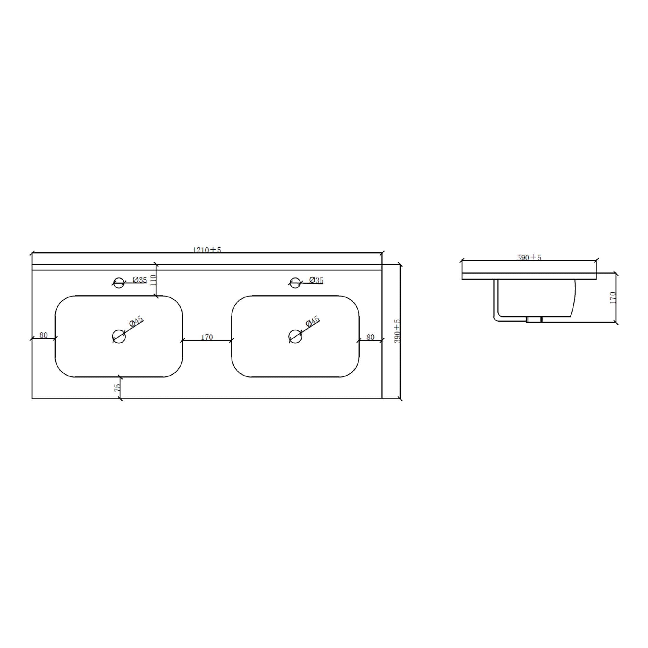 Double sink bathroom vanity scale drawing with dimensions, technical specifications, and installation measurements for modern bathroom design.