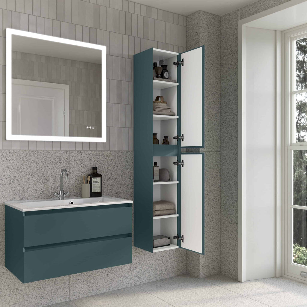 Modern blue bathroom vanity and open wall cabinet with storage for toiletries and towels in a contemporary bathroom setting.