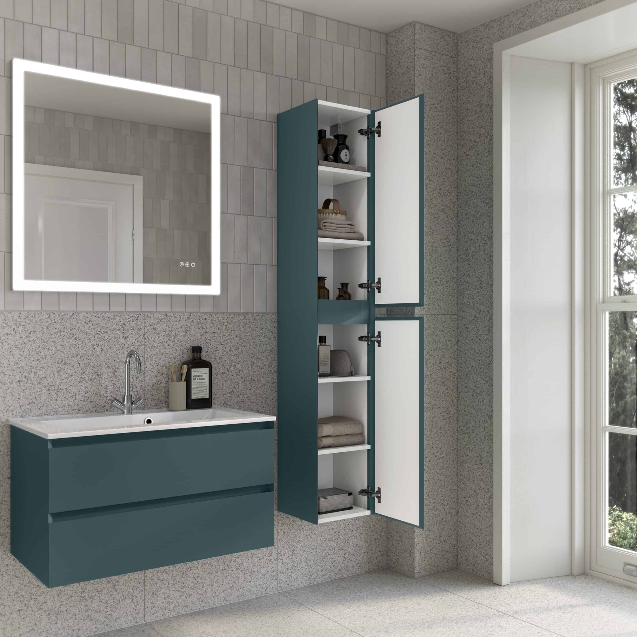 Modern blue bathroom vanity and open wall cabinet with storage for toiletries and towels in a contemporary bathroom setting.