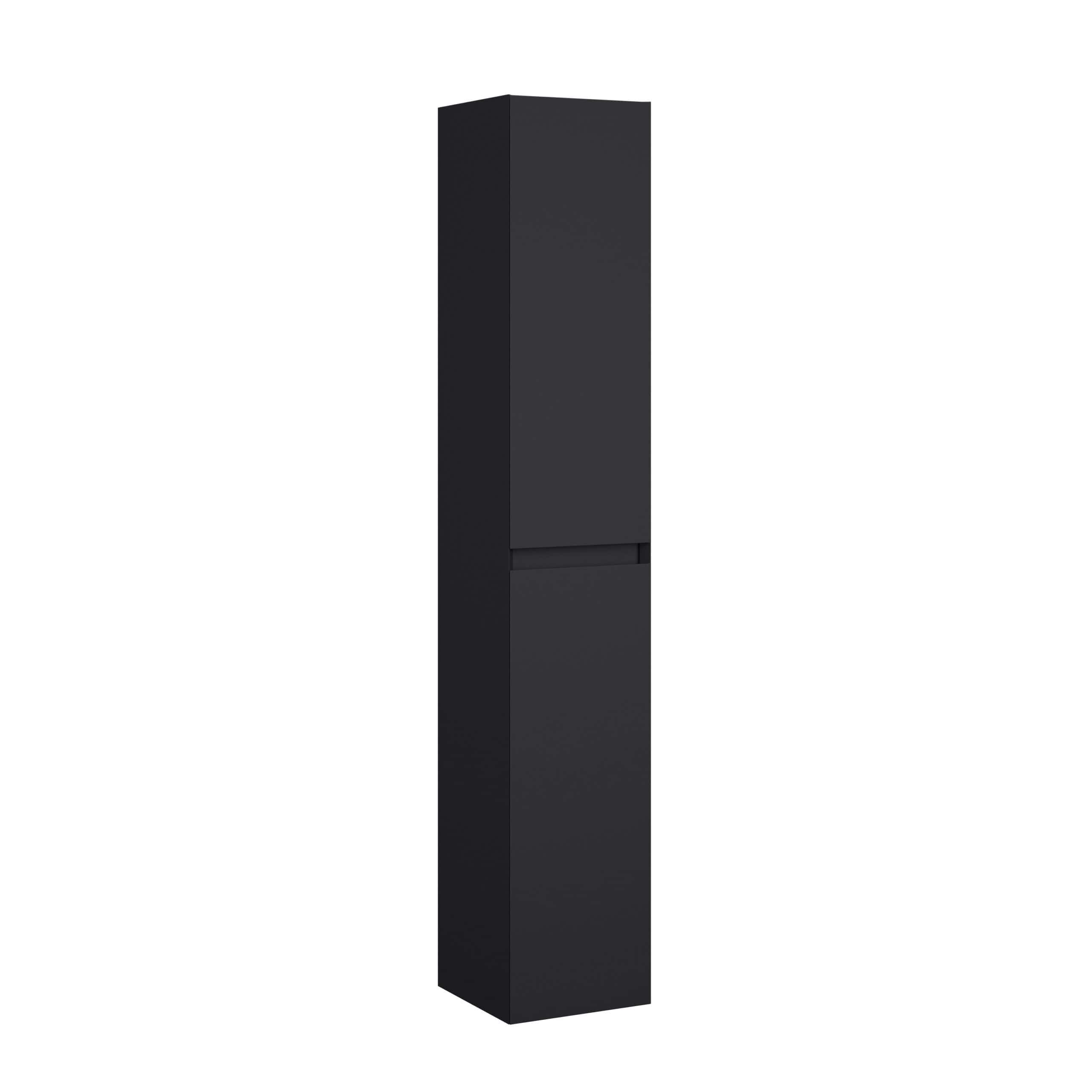 Sleek modern black bathroom storage cabinet with minimalist design, ideal for contemporary bathroom organisation and space-saving solutions.
