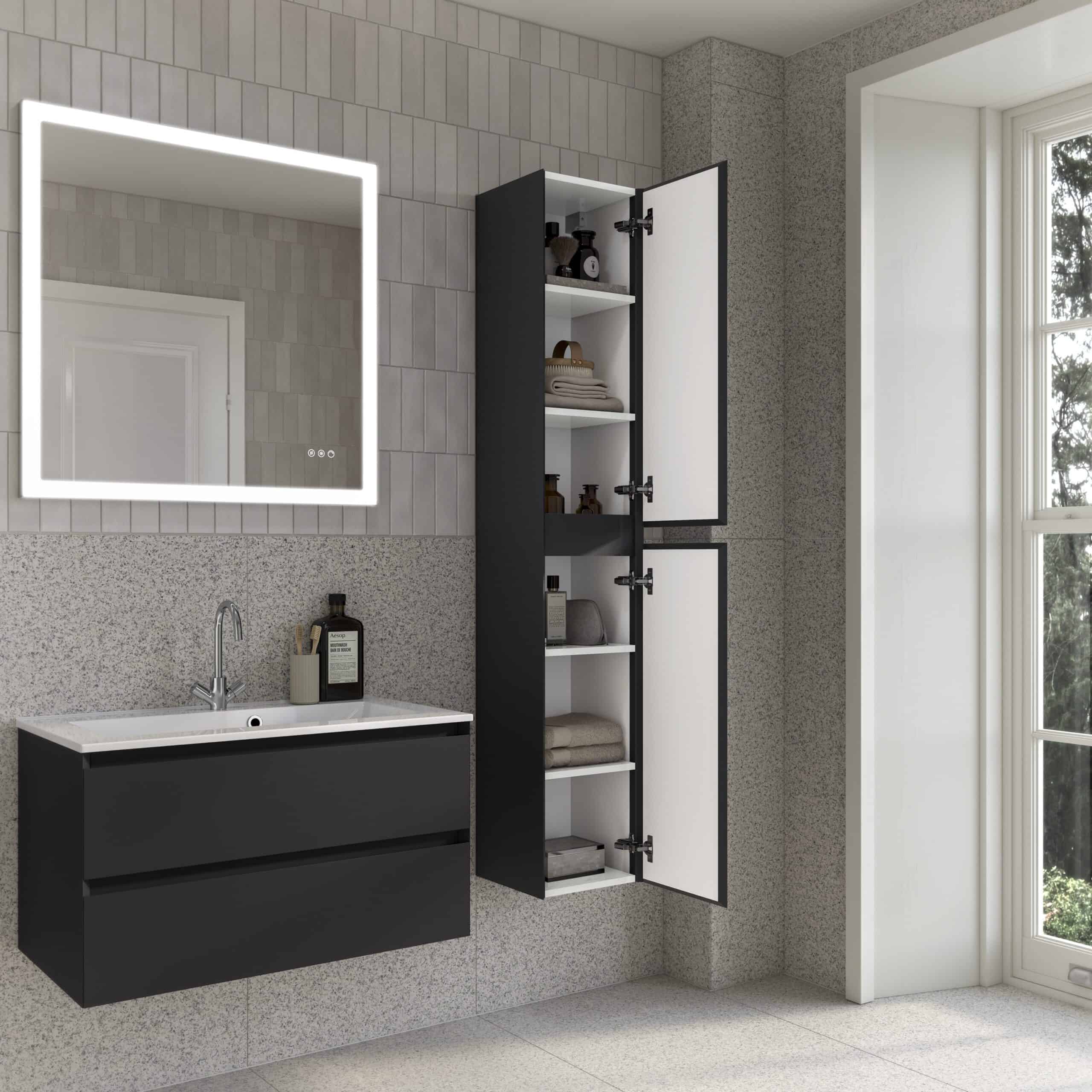 Modern black bathroom vanity with integrated sink, quality cabinet mirror and open storage cabinet in a contemporary bathroom setting.