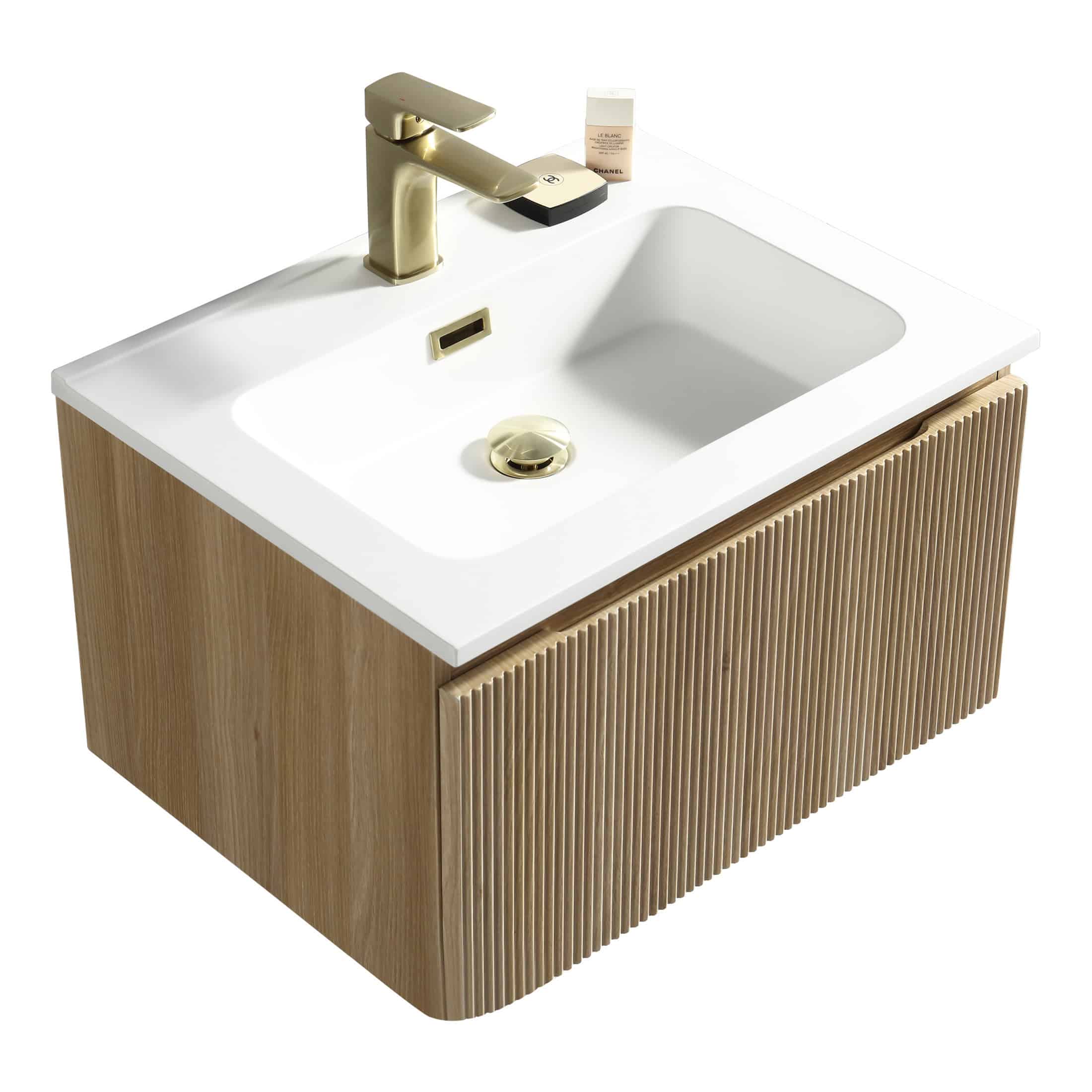 Shower basin with wooden cabinet, modern bathroom vanity featuring a white sink and gold fixtures, ideal for contemporary bathroom designs and luxury remodels.
