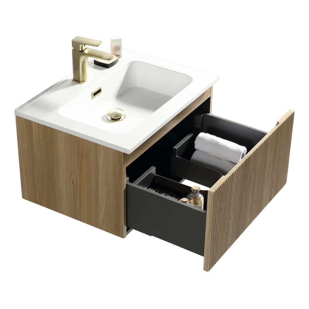 Modern bathroom vanity unit with a white sink, gold faucet, and integrated storage drawers featuring black accents and wooden finish. Perfect for stylish bathroom organisation and design.