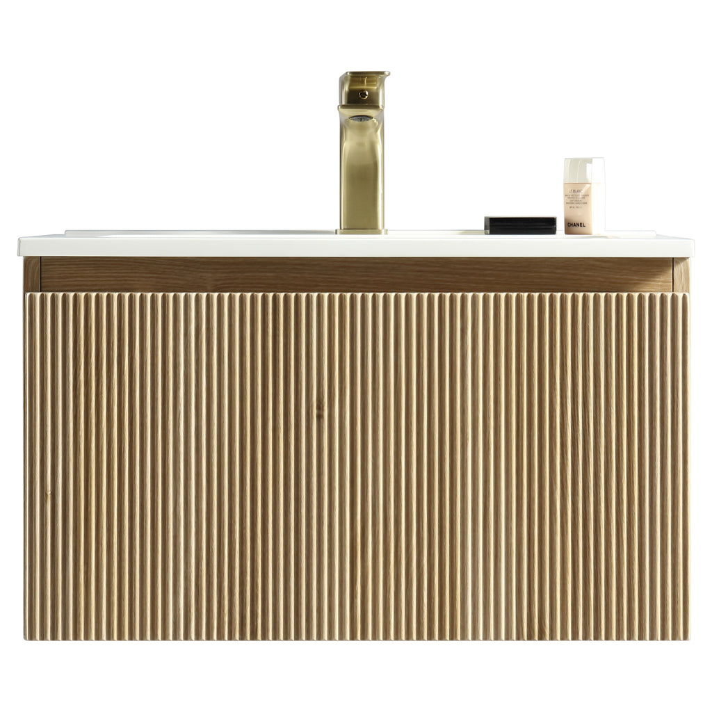 Tailored Flauto 1 Drawer Wall Hung Vanity With Matt White Polymarble Basin - 1 TH, Country Oak / 610mm - view 8