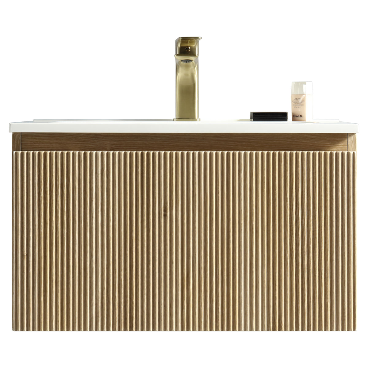 Tailored Flauto 1 Drawer Wall Hung Vanity With Matt White Polymarble Basin - 1 TH, Country Oak / 610mm - view 8