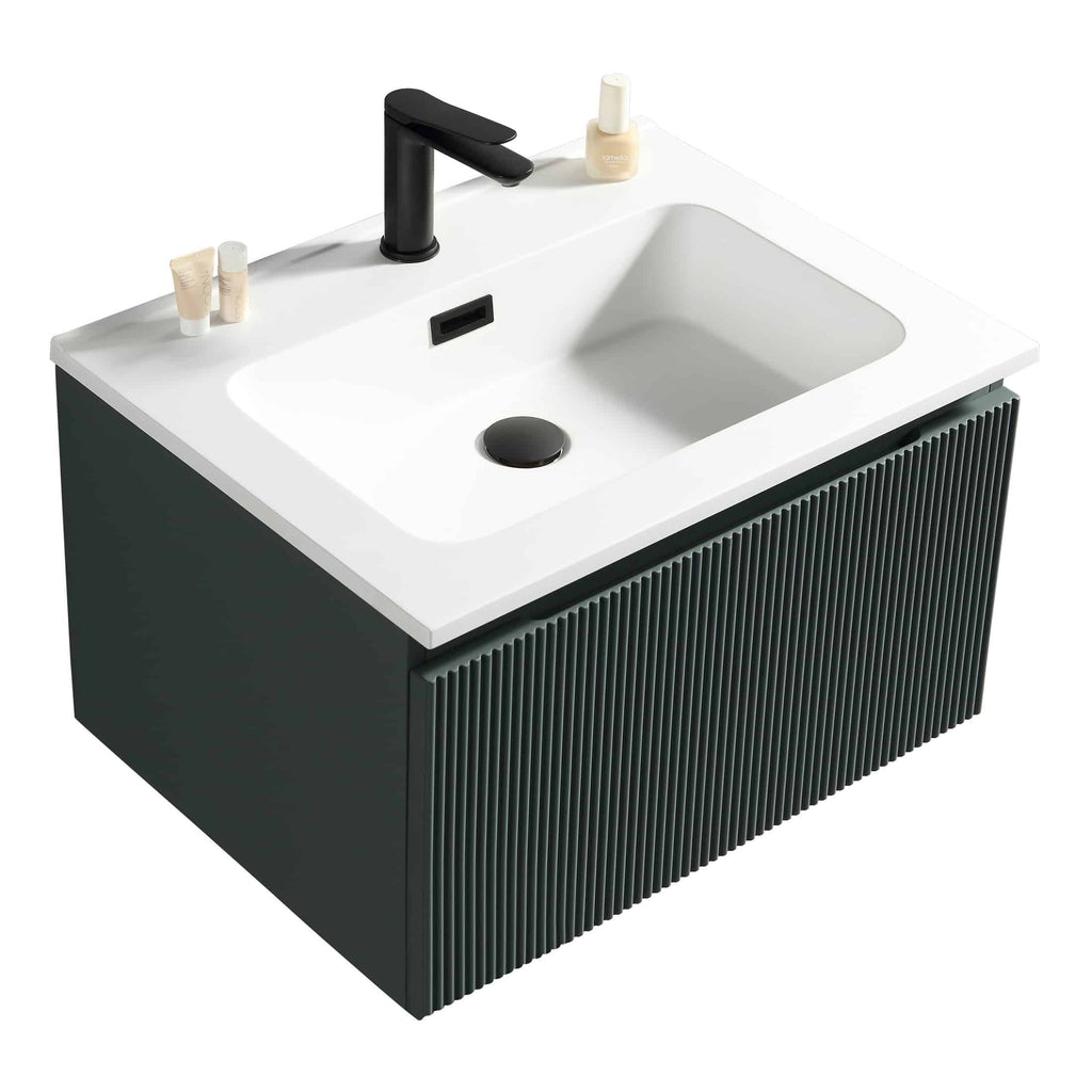 Sleek modern bathroom sink with black faucet and storage cabinet, perfect for contemporary bathroom design and organisation.