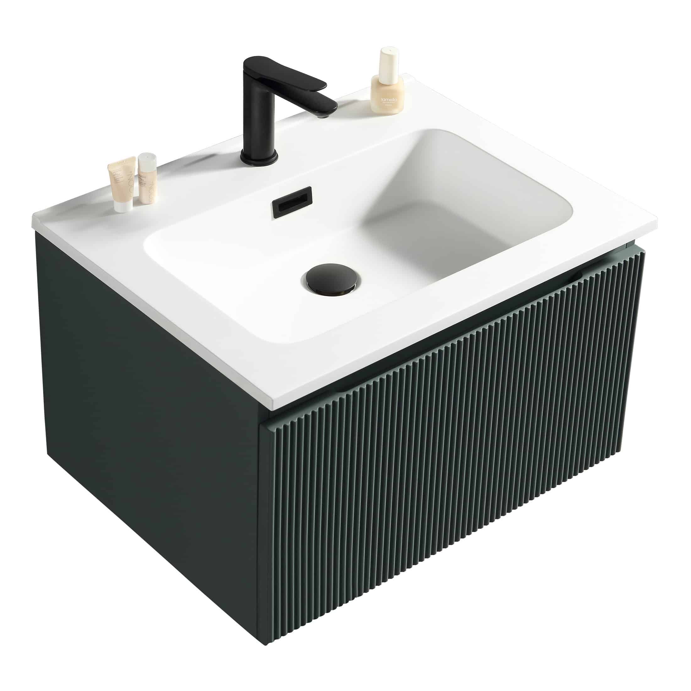 Sleek modern bathroom sink with black faucet and storage cabinet, perfect for contemporary bathroom design and organisation.