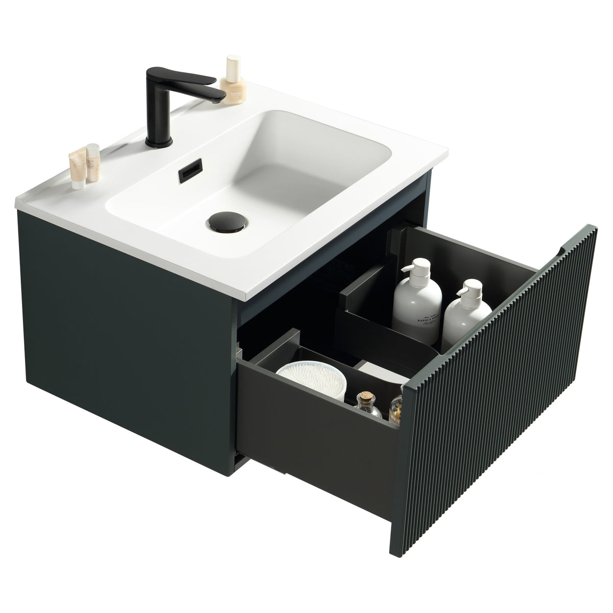 Tailored Flauto 1 Drawer Wall Hung Vanity With Matt White Polymarble Basin - 1 TH, Midnight Shadow / 610mm - view 1