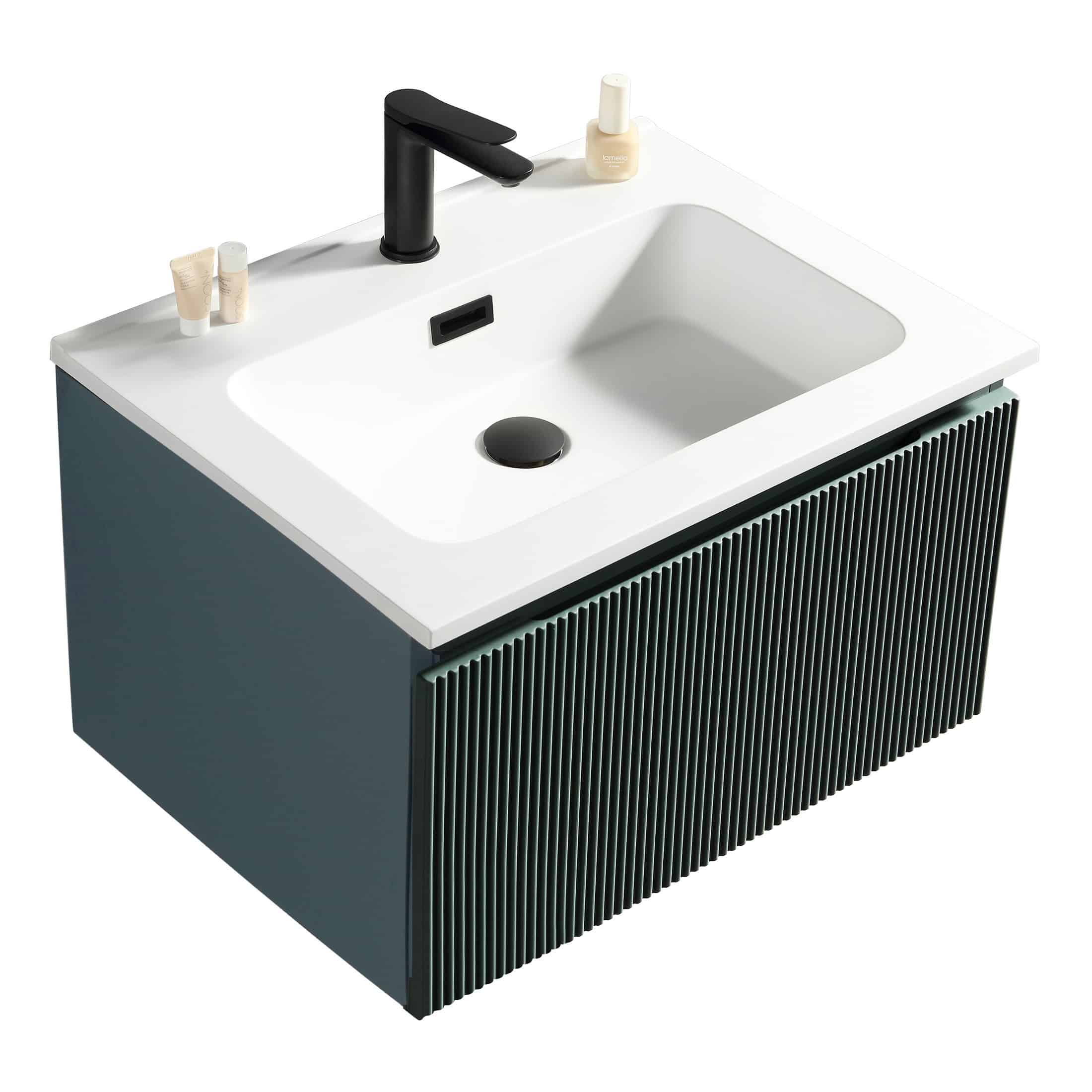 Modern bathroom vanity with a white ceramic sink, matte black tap, and storage cabinet with slatted door, ideal for contemporary bathroom design.