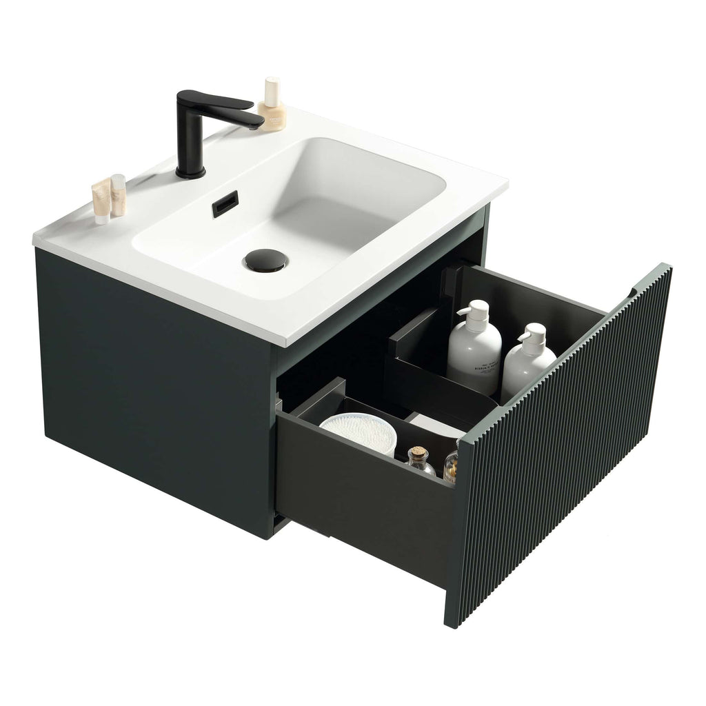 Sleek modern bathroom vanity with integrated sink, matte black finish, and efficient storage drawers for organised bathroom essentials, ideal for contemporary bathroom designs.