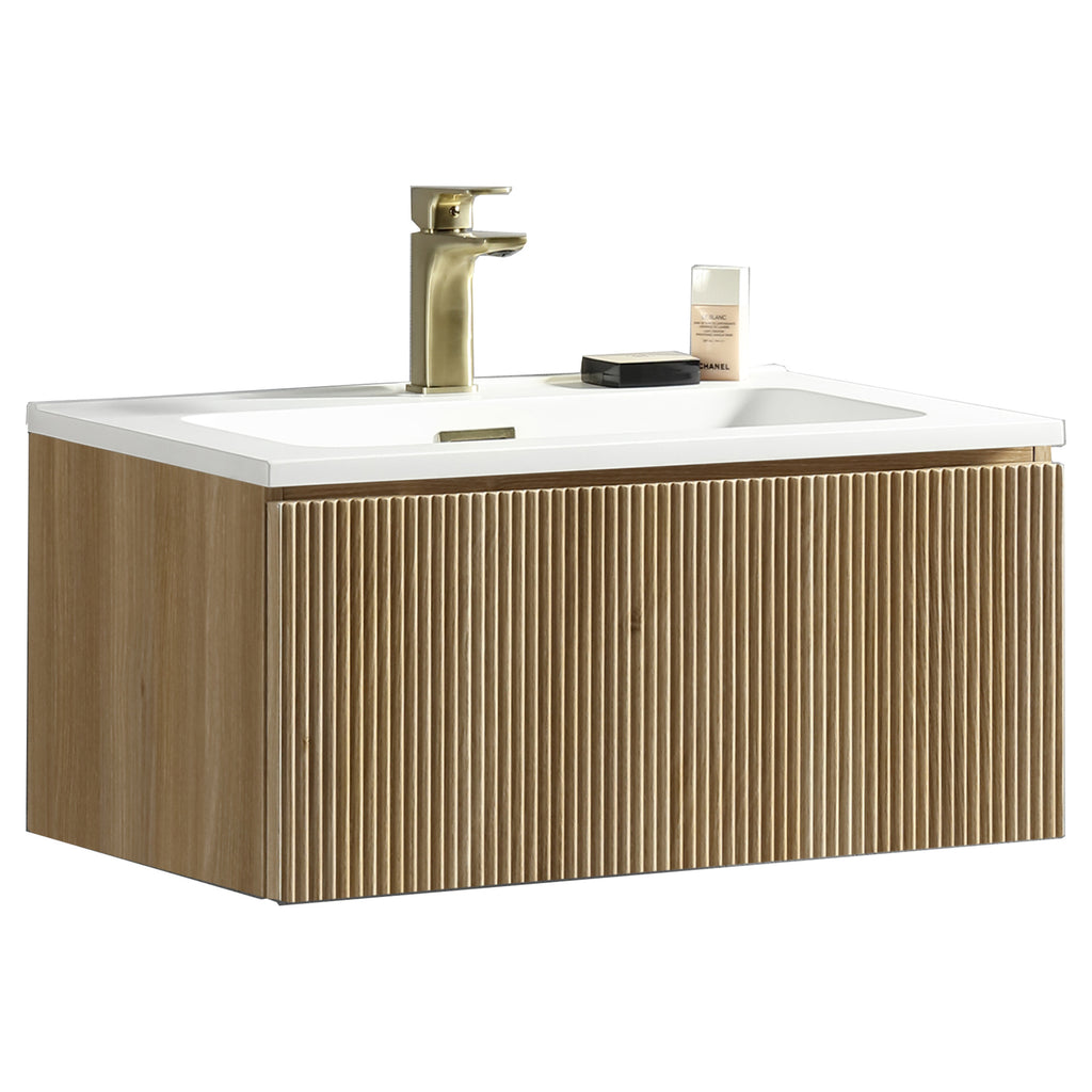 Tailored Flauto 1 Drawer Wall Hung Vanity With Matt White Polymarble Basin - 1 TH, Country Oak / 810mm - view 4
