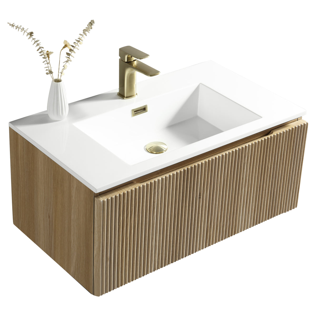 Tailored Flauto 1 Drawer Wall Hung Vanity With Matt White Polymarble Basin - 1 TH, Country Oak / 810mm