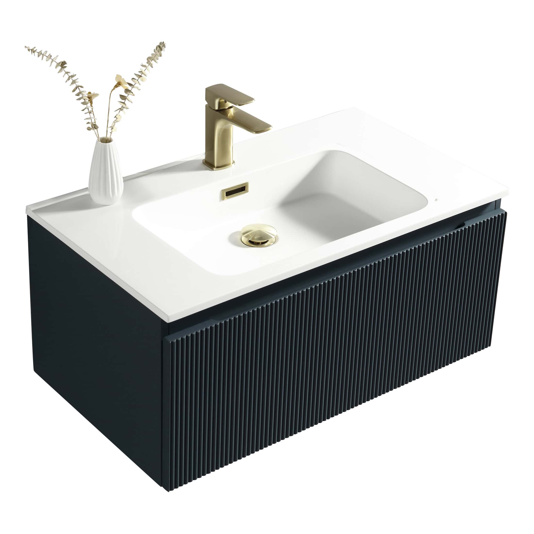 Contemporary bathroom vanity unit with a white ceramic sink and sleek dark-finish cabinetry, featuring a modern gold faucet, minimalistic design, and decorative vase for a stylish bathroom upgrade.