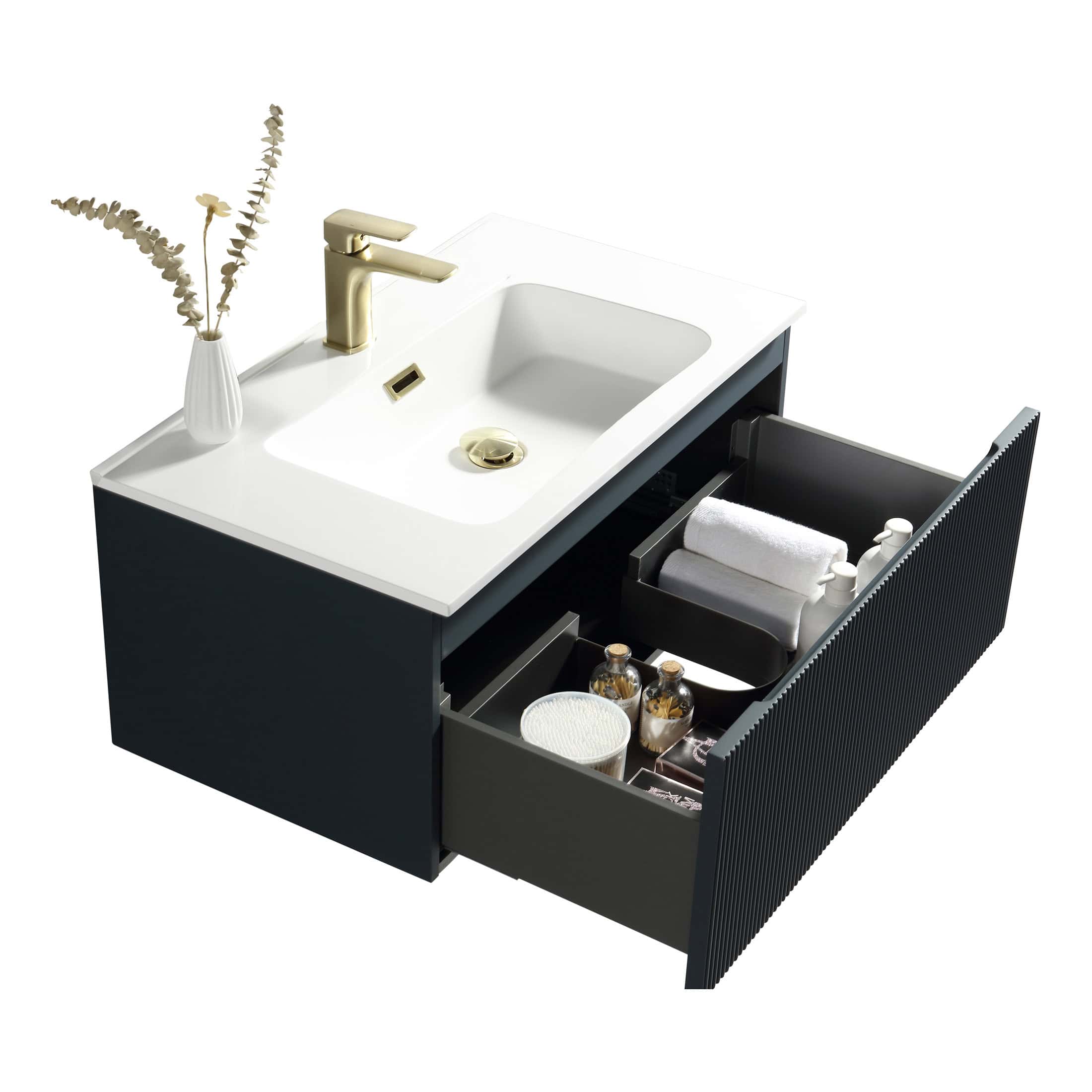 Luxurious bathroom vanity with black drawer unit, white countertop, modern gold faucet, and organised storage for toiletries and towels – perfect for stylish bathroom upgrades.