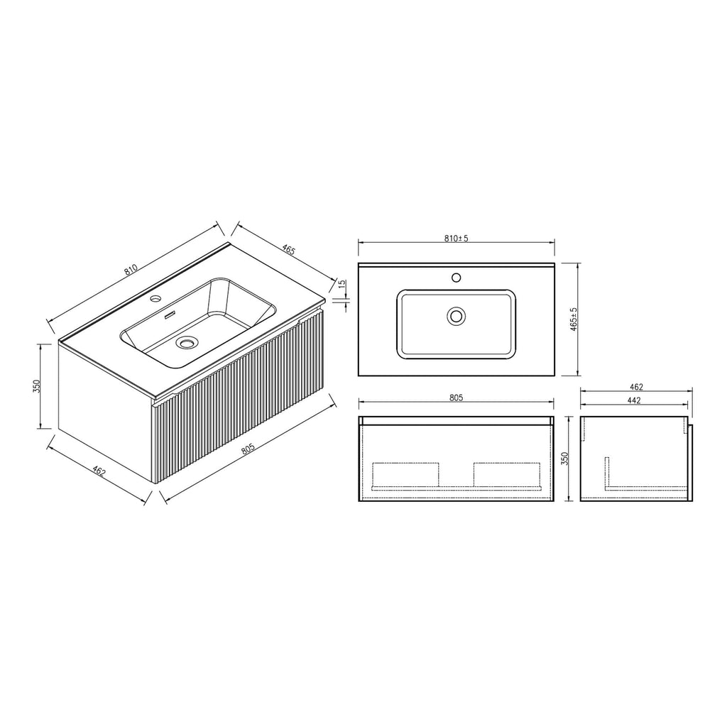 Sleek modern bathroom vanity unit with integrated basin, featuring detailed technical drawings and dimensions, perfect for contemporary bathroom design.