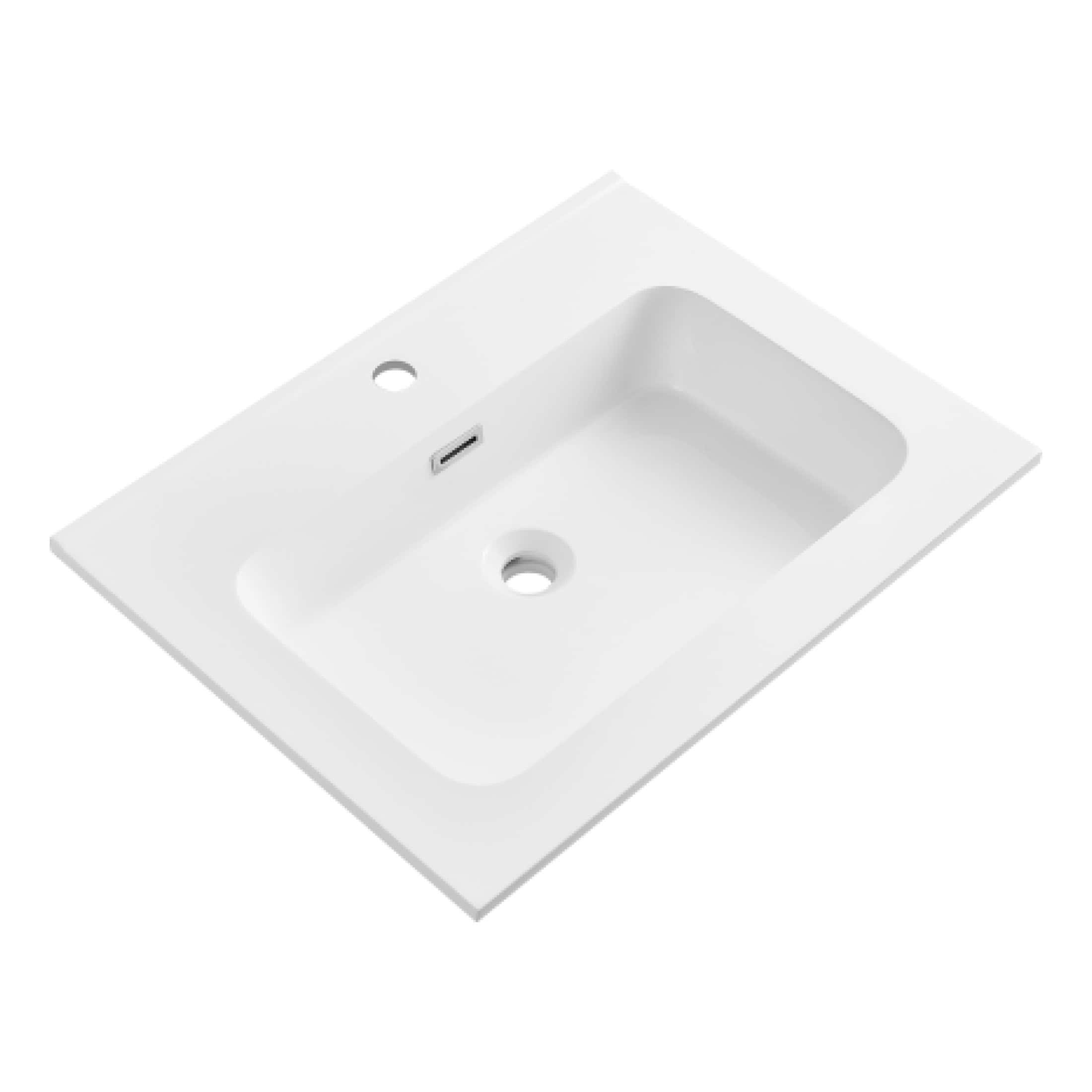 Slim white bathroom sink with integrated drain and pop-up waste, designed for modern bathroom installations and durable use.