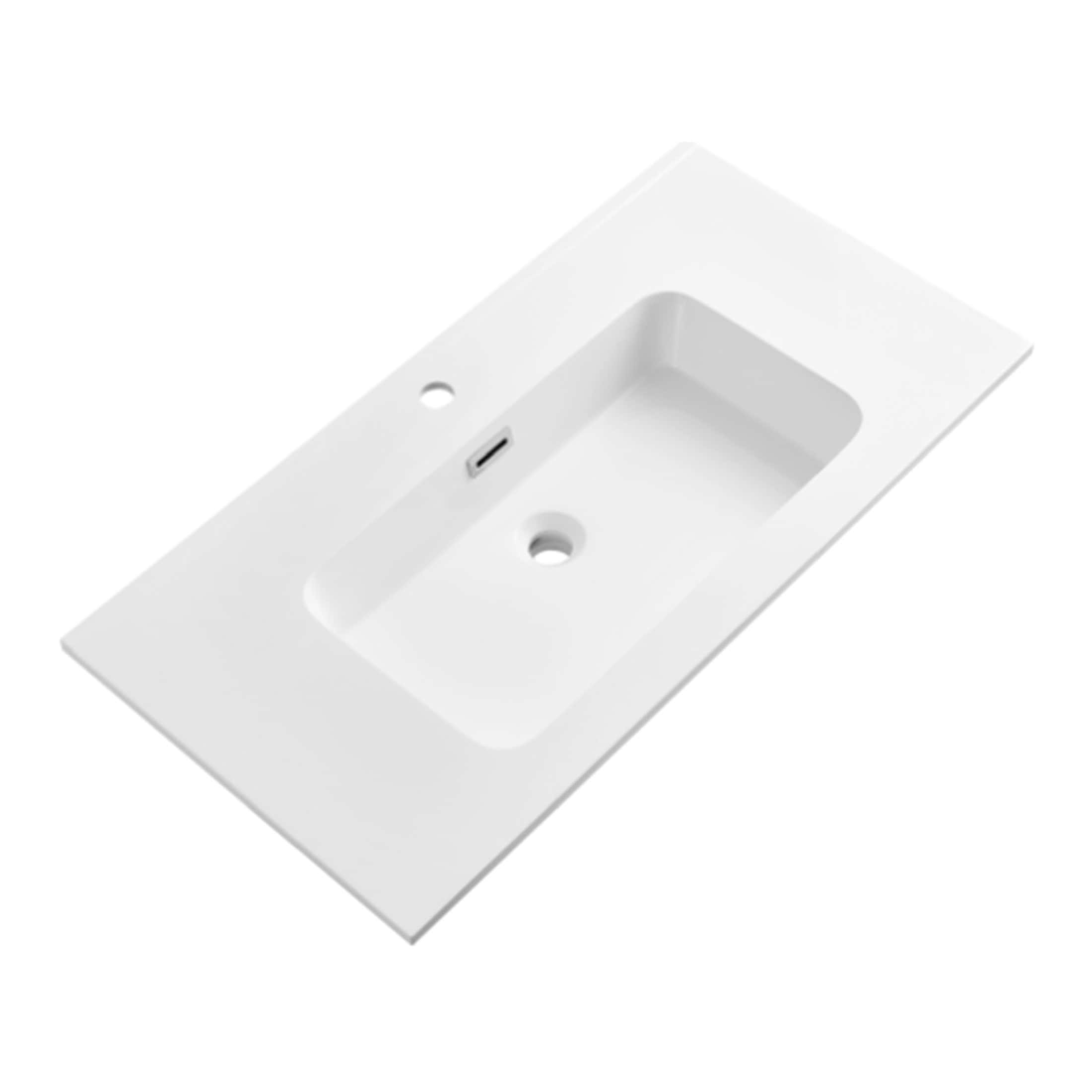 Sleek white bathroom sink with integrated USB charging port, designed for modern bathrooms, providing both functionality and style. Perfect for contemporary bathroom upgrades.