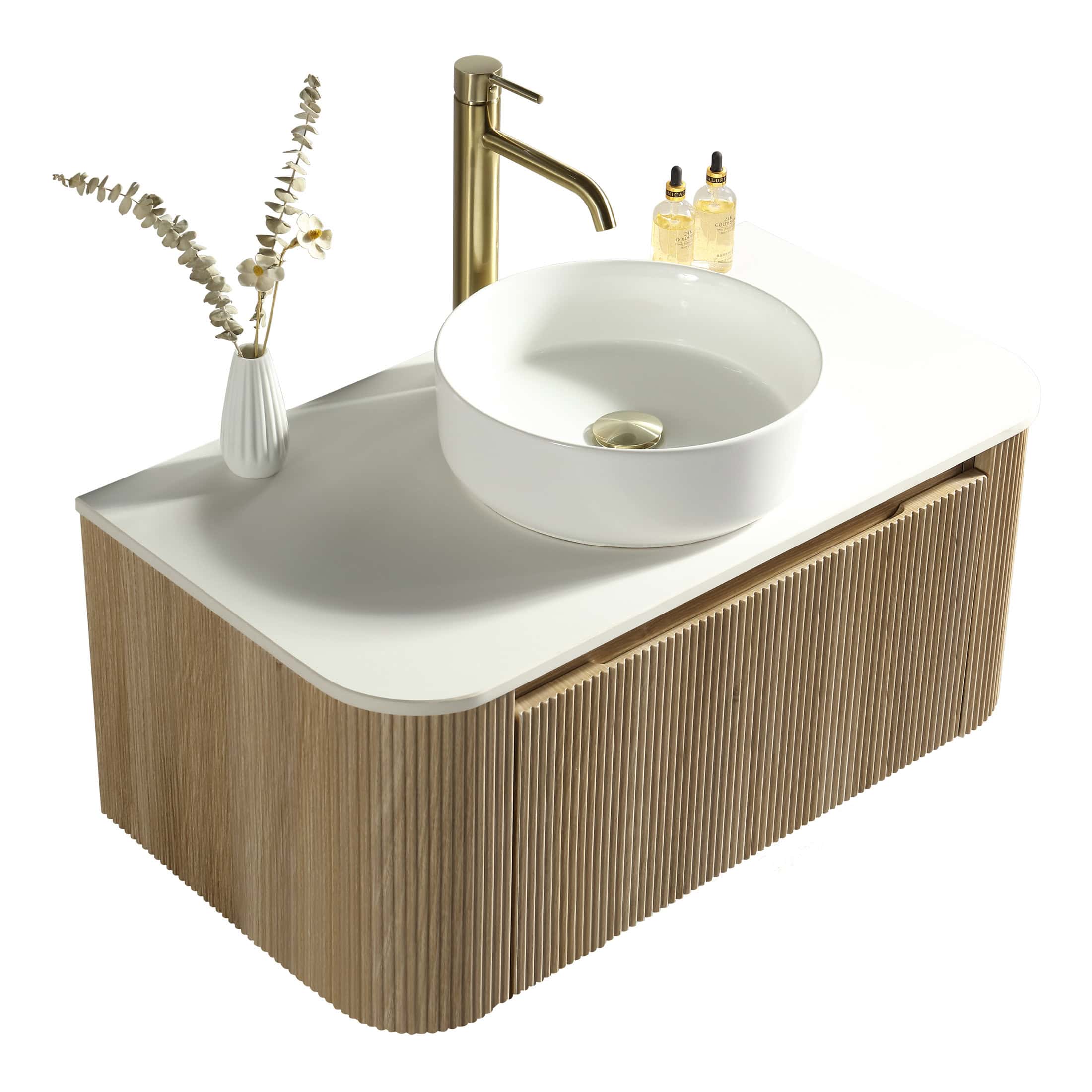 Sleek modern bathroom vanity with a white countertop, round vessel sink, brass faucet, and minimalist decor for a stylish bathroom upgrade.