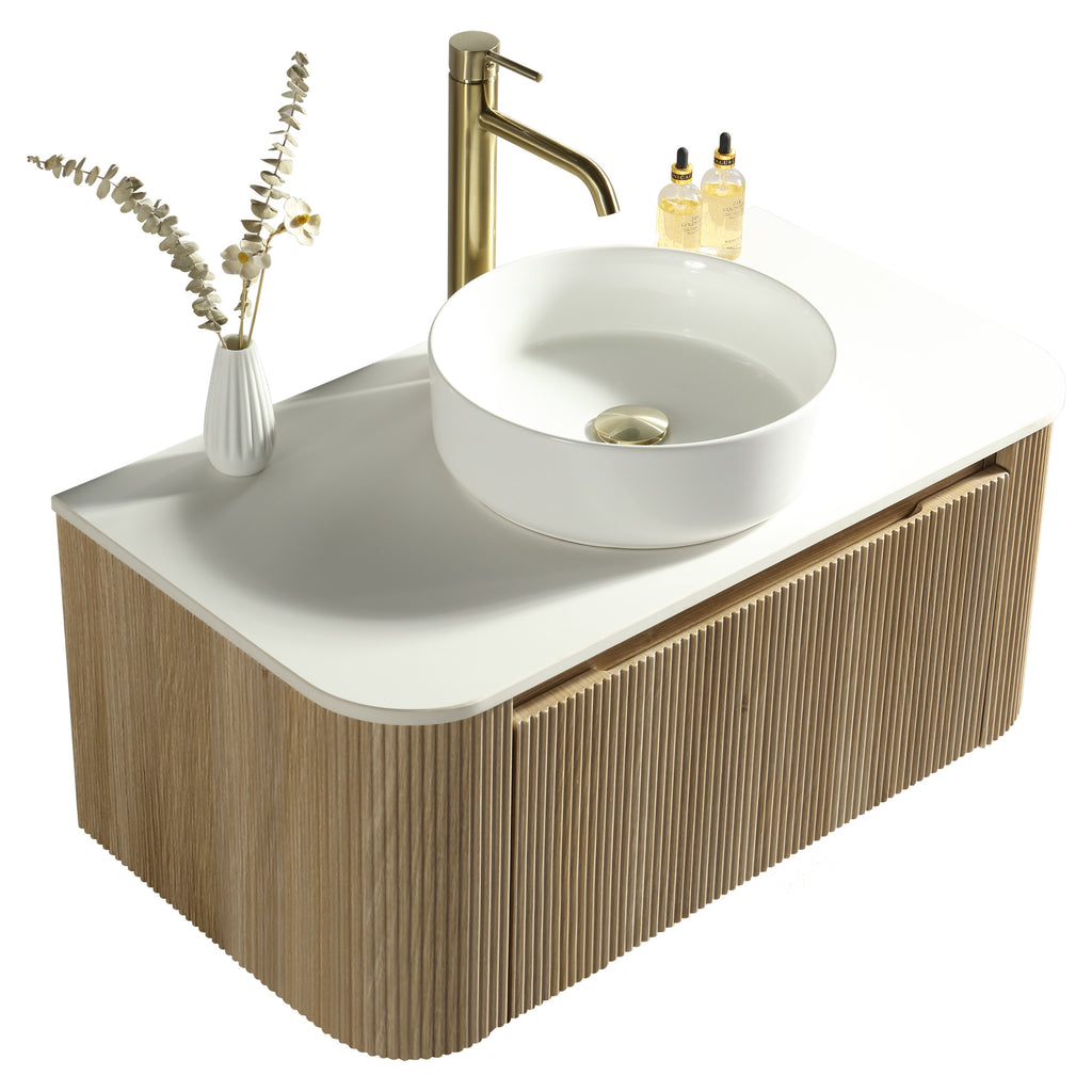 Tailored Flauto 1 Drawer Curved Corner Wall Hung Vanity With  Sintered Stone Countertop - 872mm Wide, Country Oak - view 5