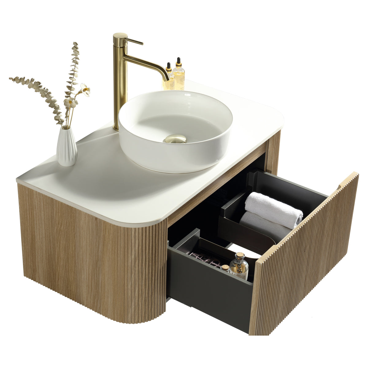 Tailored Flauto 1 Drawer Curved Corner Wall Hung Vanity With  Sintered Stone Countertop - 872mm Wide, Country Oak - view 7