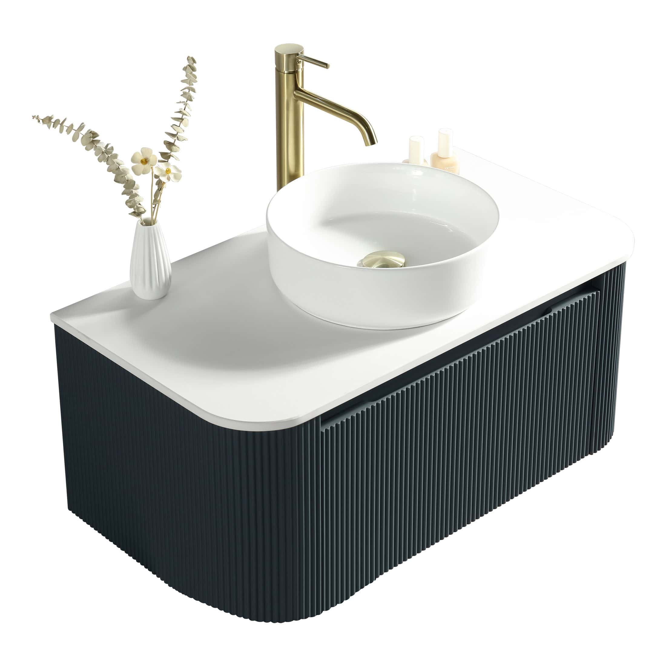 Sleek modern bathroom vanity with a black textured base, white countertop, and stylish round vessel sink featuring a gold-toned faucet, perfect for contemporary bathroom decor.