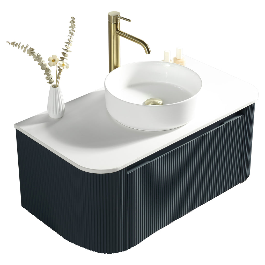 Tailored Flauto 1 Drawer Curved Corner Wall Hung Vanity With  Sintered Stone Countertop - 872mm Wide, Midnight Shadow - view 1