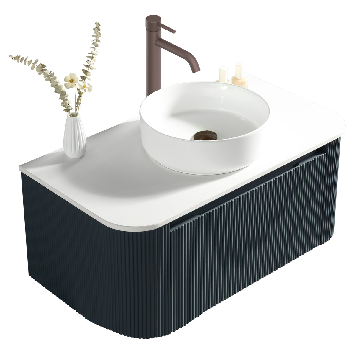 Tailored Flauto 1 Drawer Curved Corner Wall Hung Vanity With  Sintered Stone Countertop - 872mm Wide - Midnight Shadow