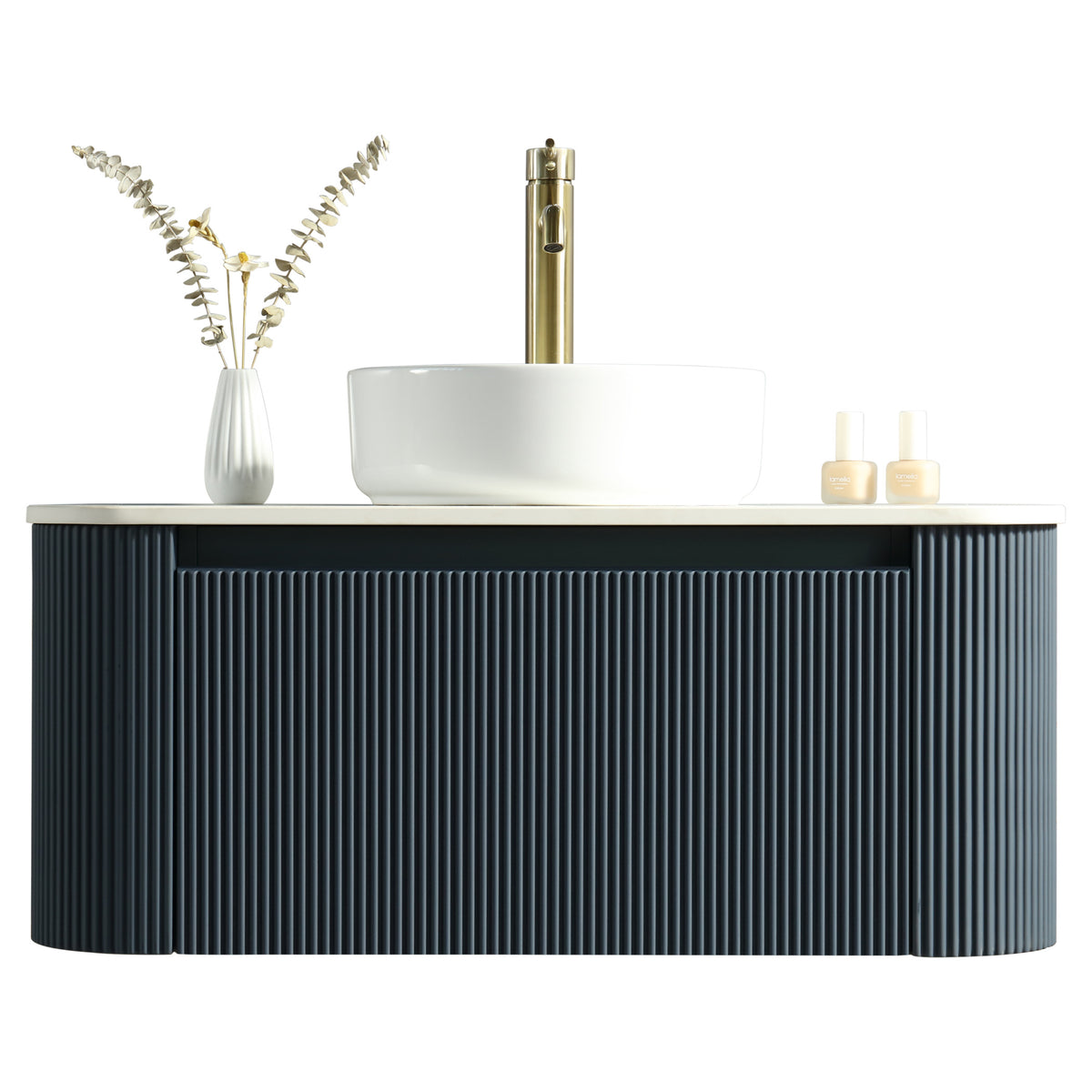 Tailored Flauto 1 Drawer Curved Corner Wall Hung Vanity With  Sintered Stone Countertop - 872mm Wide - Midnight Shadow - view 2