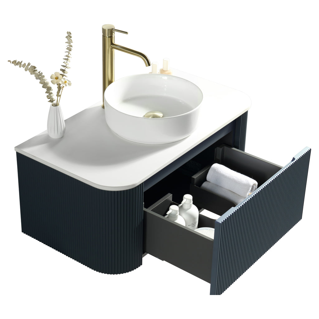 Tailored Flauto 1 Drawer Curved Corner Wall Hung Vanity With  Sintered Stone Countertop - 872mm Wide - Midnight Shadow - view 3