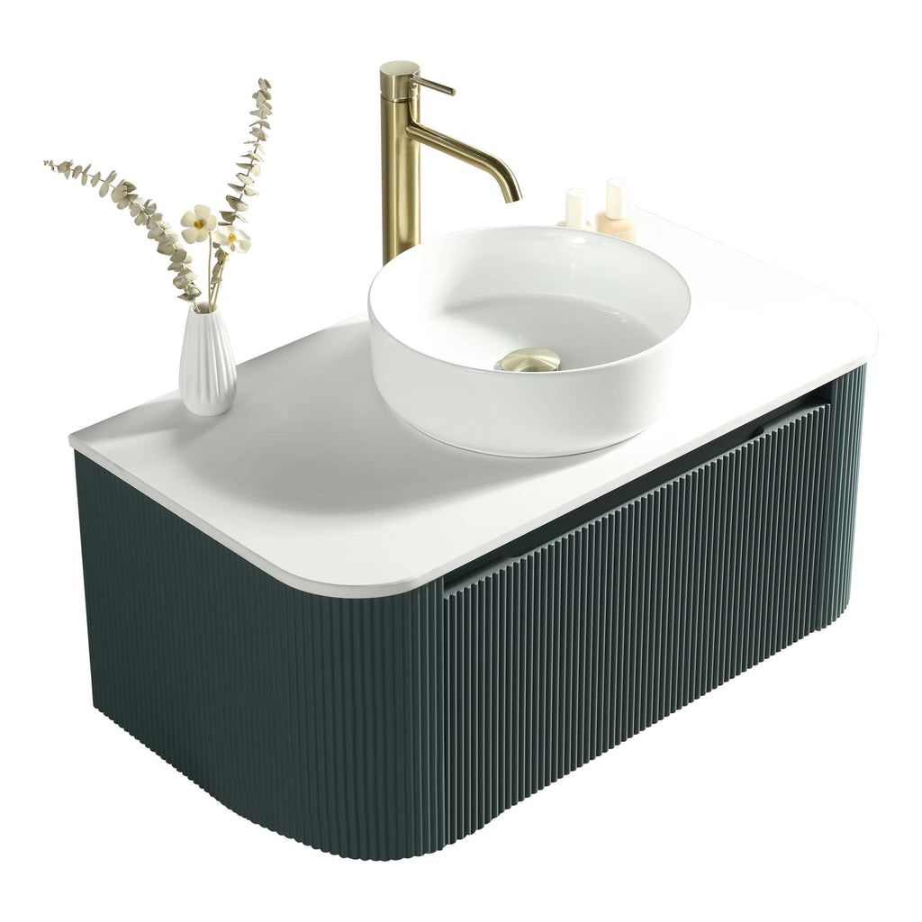 Sleek modern bathroom vanity with dark ribbed cabinet, white countertop, and stylish white vessel sink featuring a gold faucet and minimal accessories. Perfect for contemporary bathrooms.