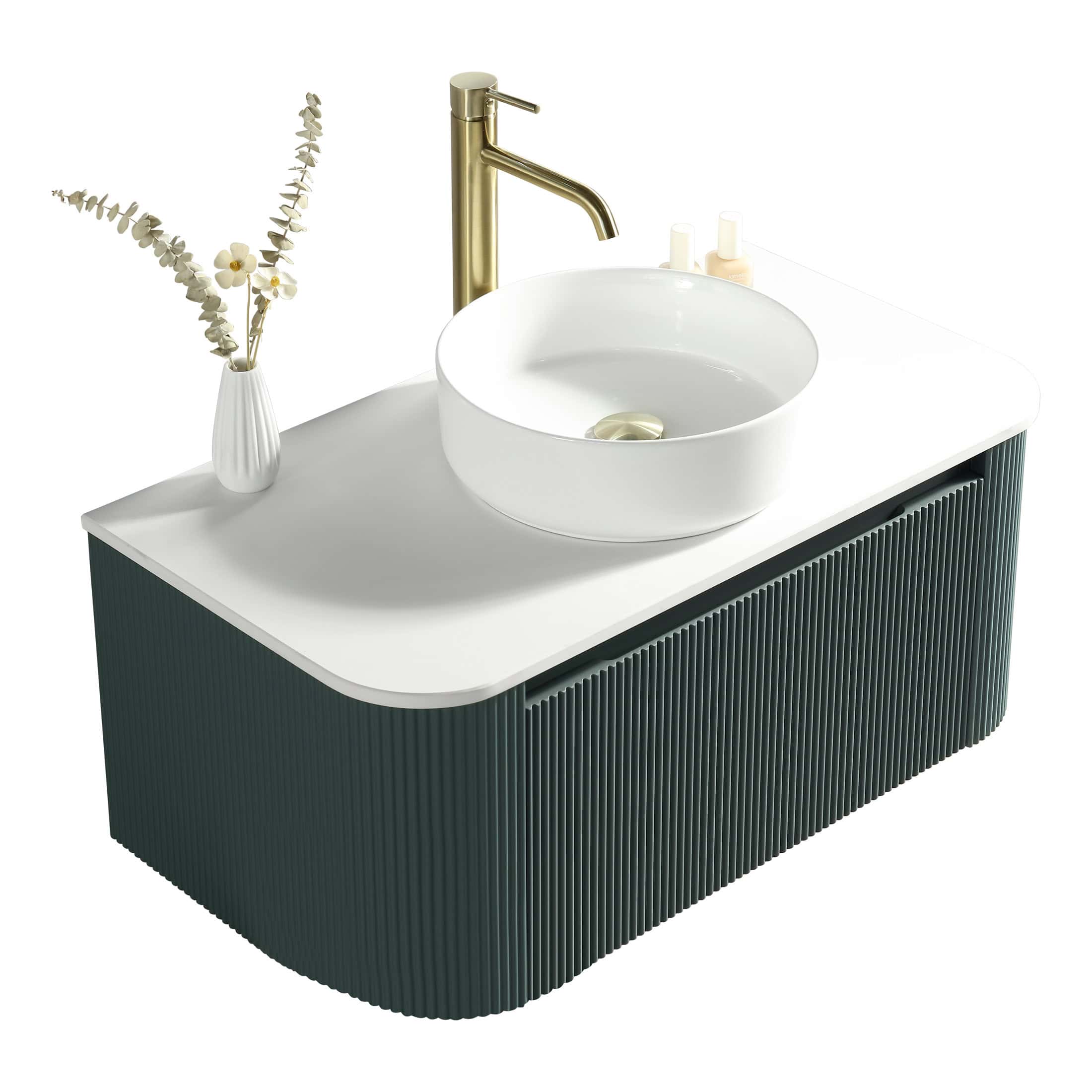 Sleek modern bathroom vanity with dark ribbed cabinet, white countertop, and stylish white vessel sink featuring a gold faucet and minimal accessories. Perfect for contemporary bathrooms.