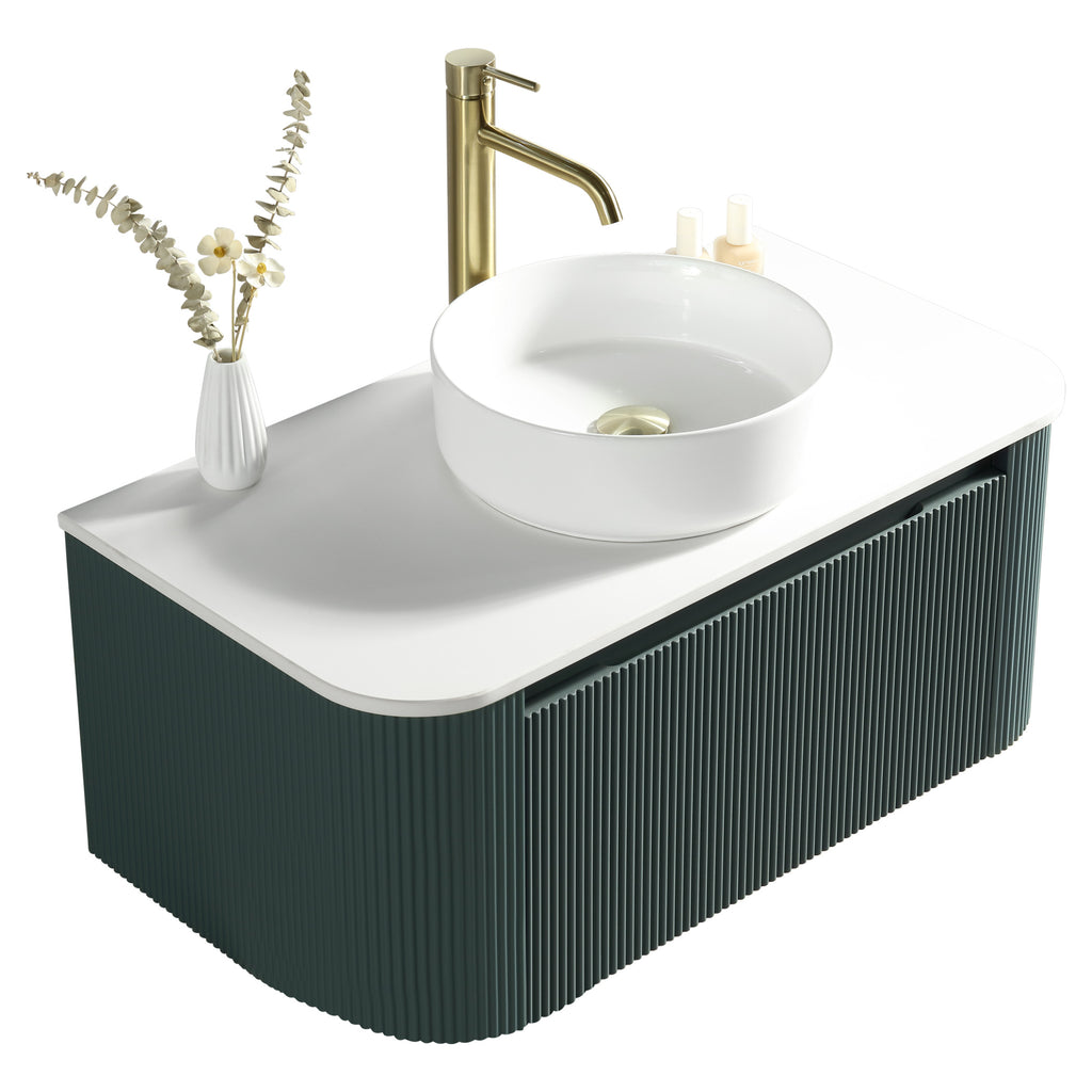 Tailored Flauto 1 Drawer Curved Corner Wall Hung Vanity With  Sintered Stone Countertop - 872mm Wide - Smoked Sage - view 1