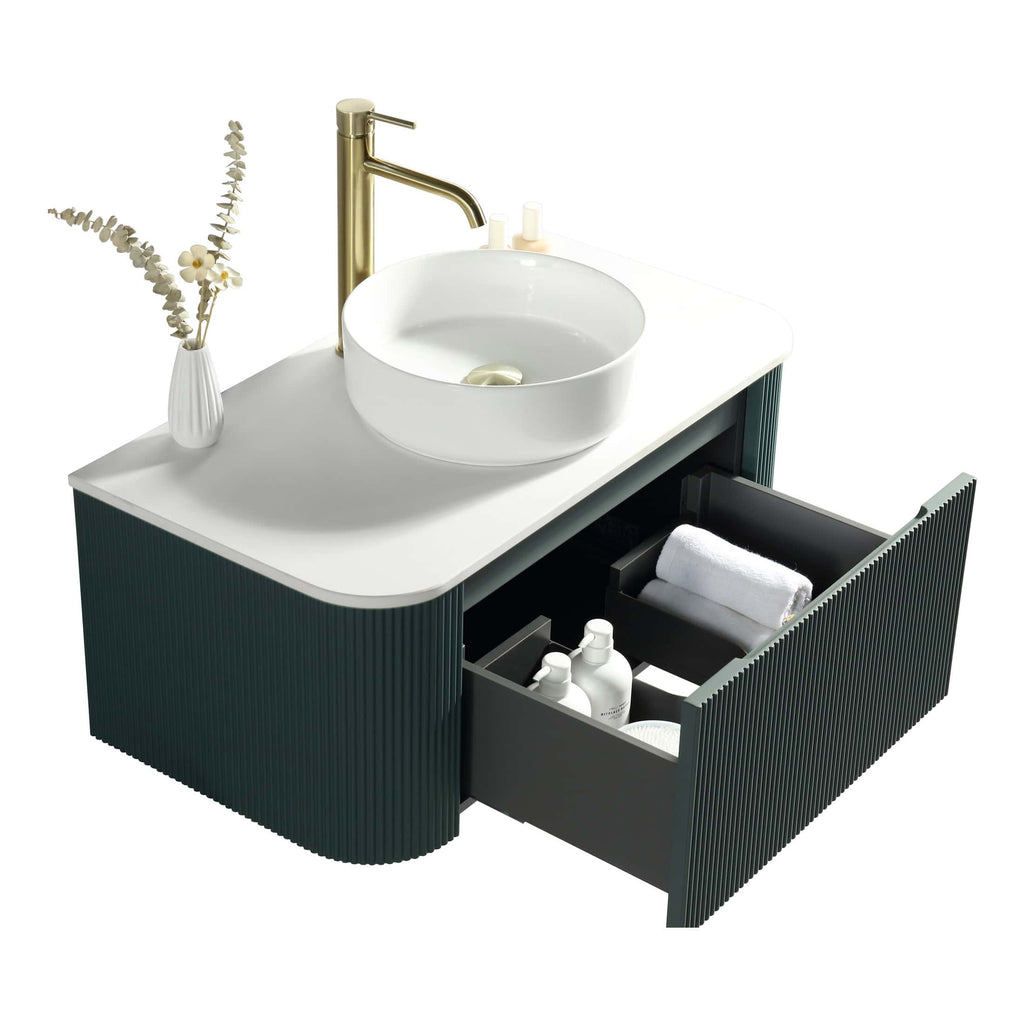 Vessel bathroom sink and vanity unit with modern design, white countertop, brass faucet, storage drawer with towel and toiletries, perfect for contemporary bathrooms.