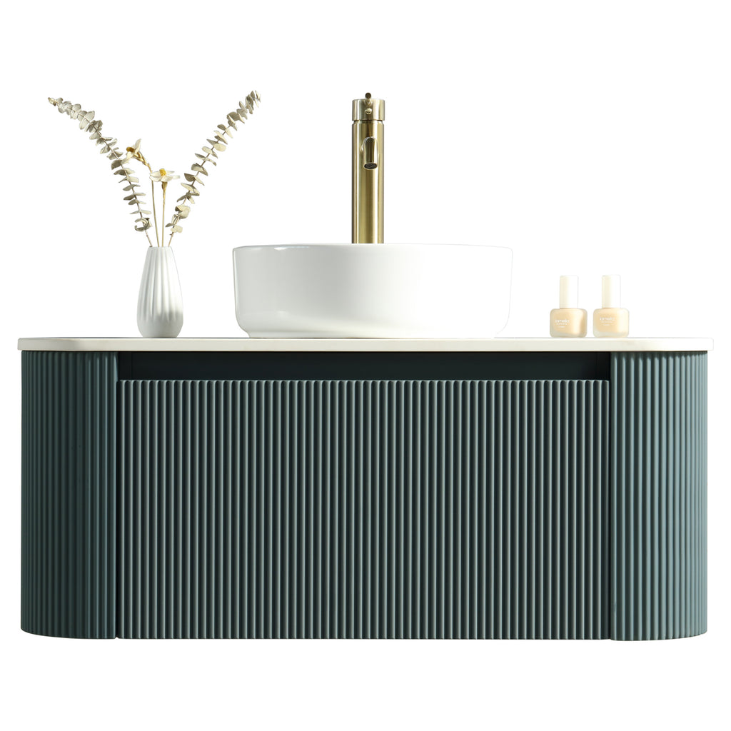 Tailored Flauto 1 Drawer Curved Corner Wall Hung Vanity With  Sintered Stone Countertop - 872mm Wide - Smoked Sage - view 2