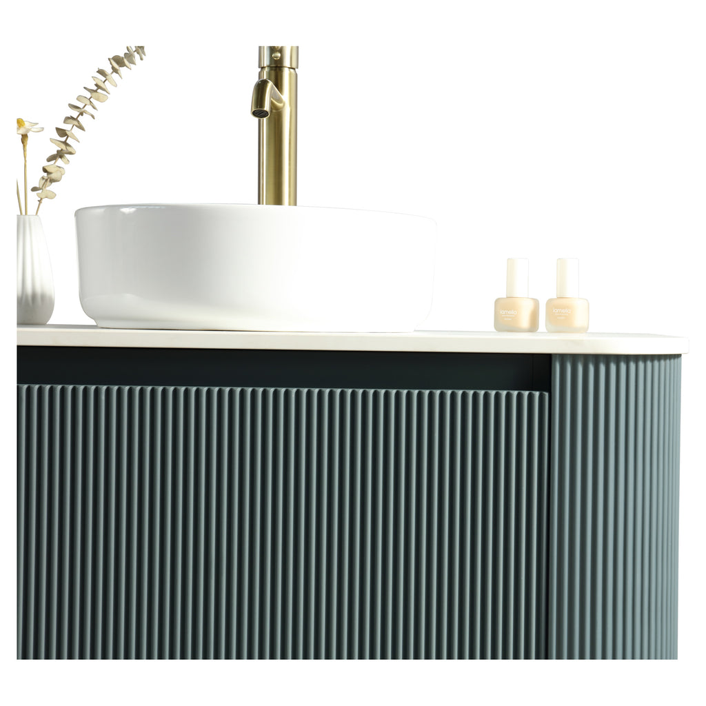 Tailored Flauto 1 Drawer Curved Corner Wall Hung Vanity With  Sintered Stone Countertop - 872mm Wide, Smoked Sage - view 6