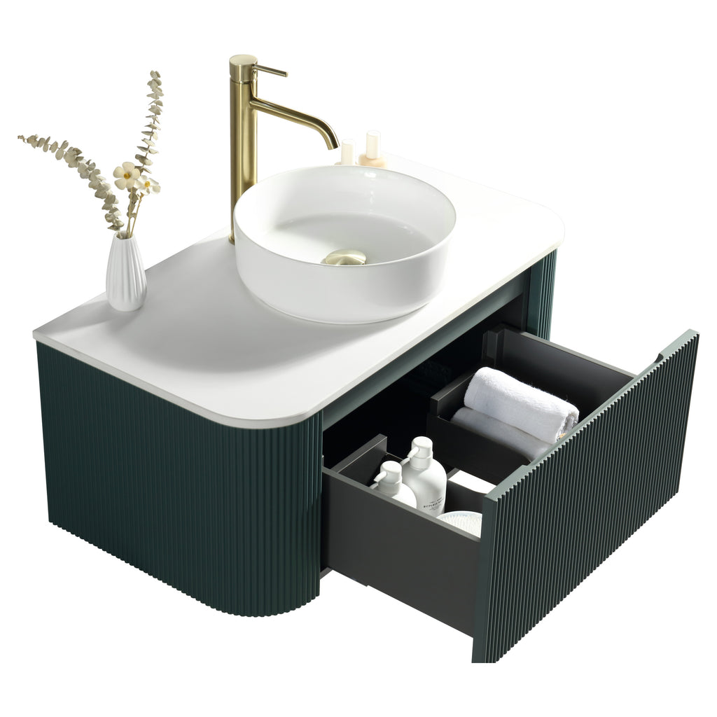 Tailored Flauto 1 Drawer Curved Corner Wall Hung Vanity With  Sintered Stone Countertop - 872mm Wide - Smoked Sage - view 4