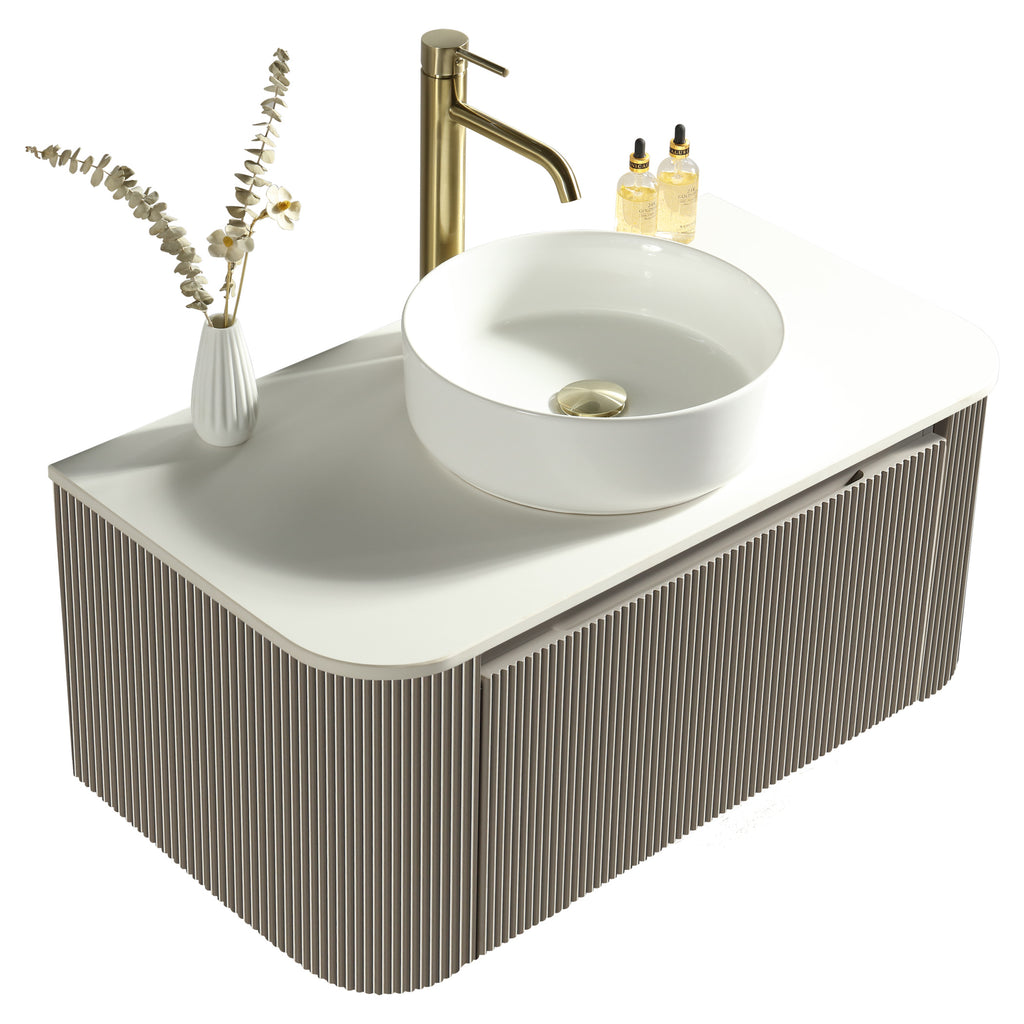 Tailored Flauto 870mm Wall Hung Curve Corner Vanity with Sintered Stone Counter Top, Soft Coffee
