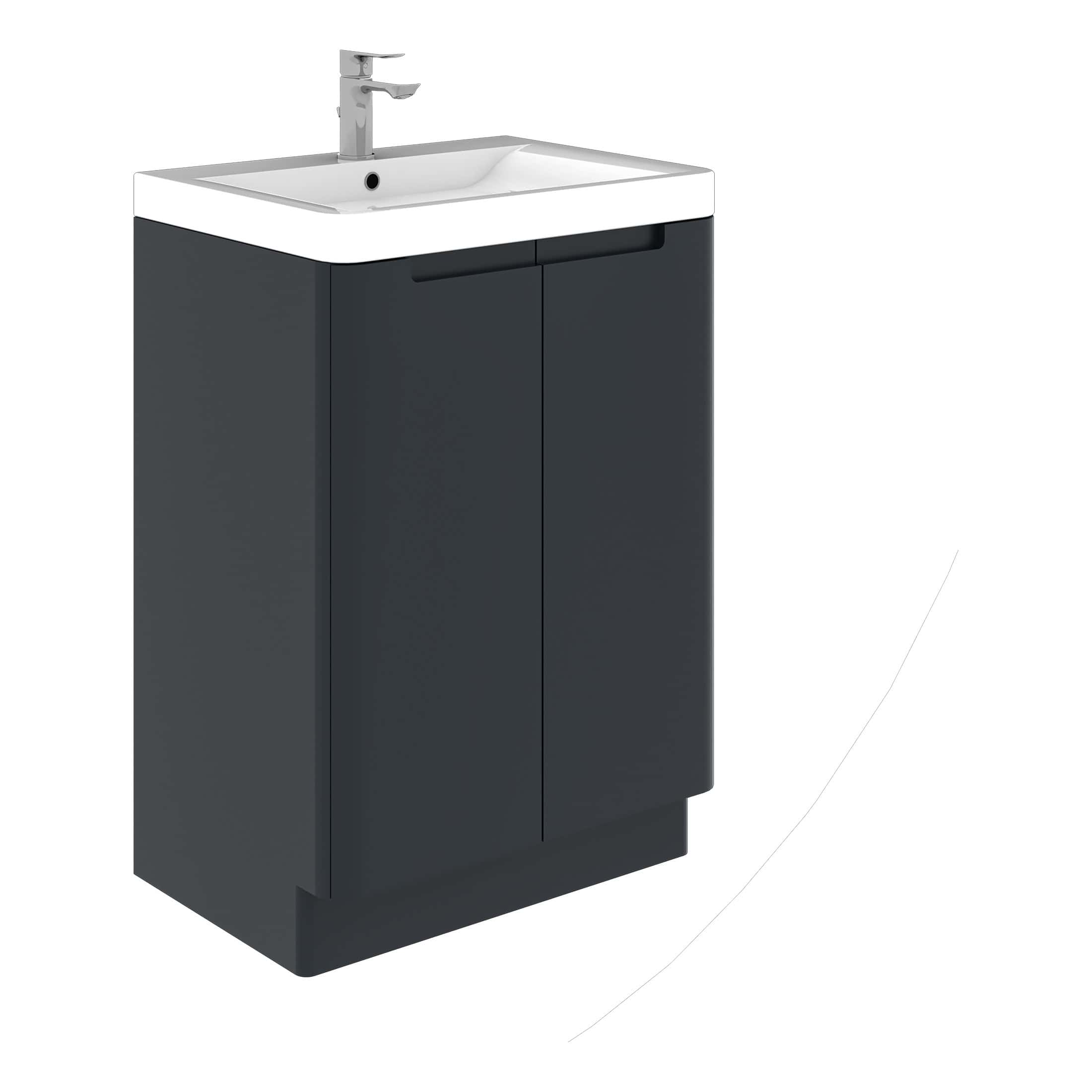 Minimalist bathroom vanity with integrated sink and storage cupboard, modern design, ideal for contemporary bathrooms. Features sleek black finish, durable ceramic top, and space-saving functionality.