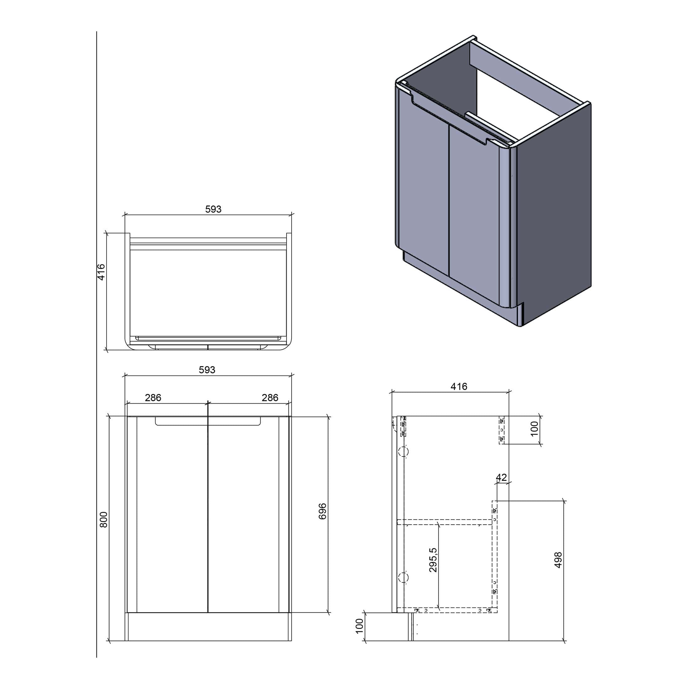 Contemporary bathroom vanity unit with storage cabinets, precise technical drawings, and dimensions by Bubly Bathrooms. Perfect for modern bathroom design and installation.