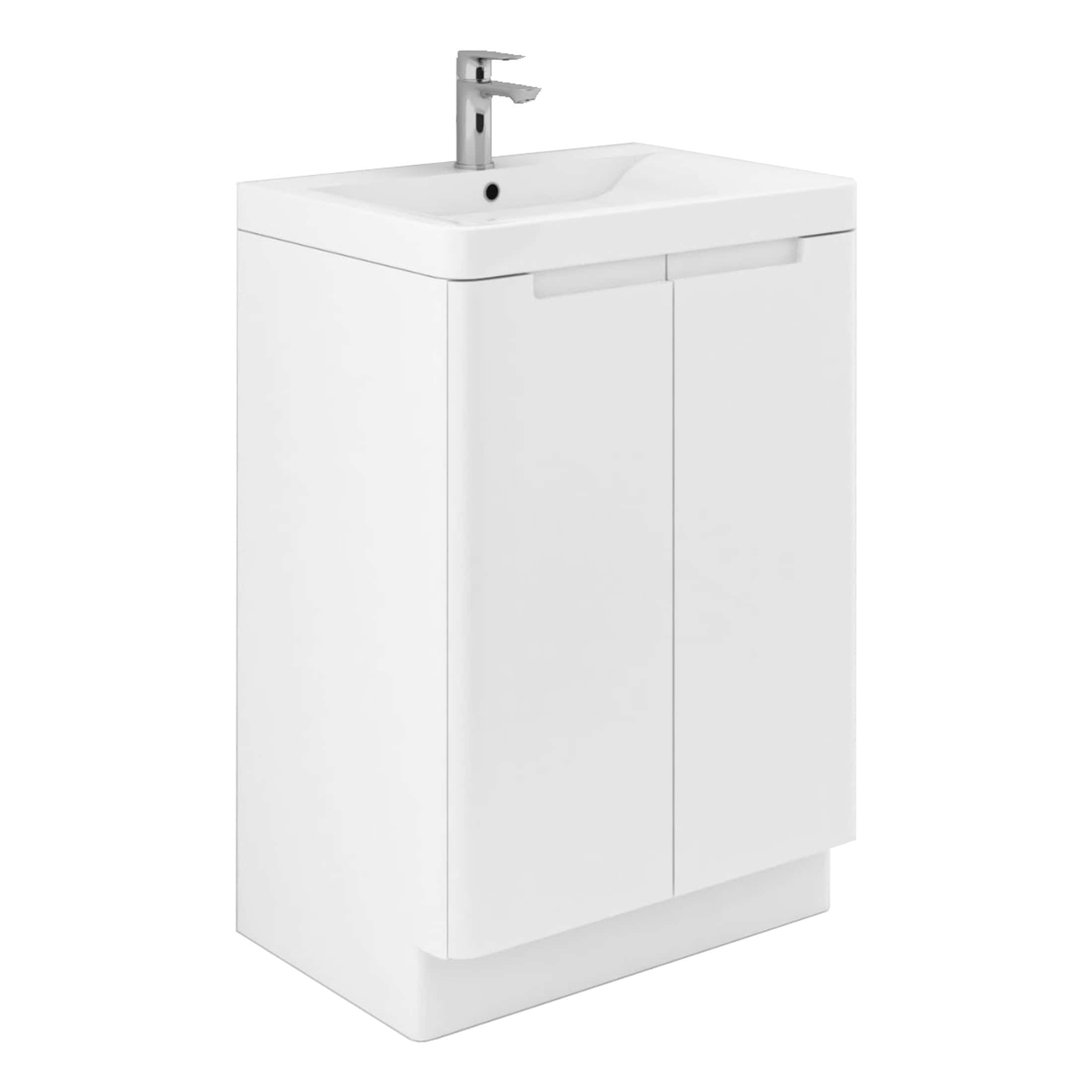 Modern white bathroom vanity with integrated sink and chrome tap, ideal for contemporary bathroom designs and storage solutions.