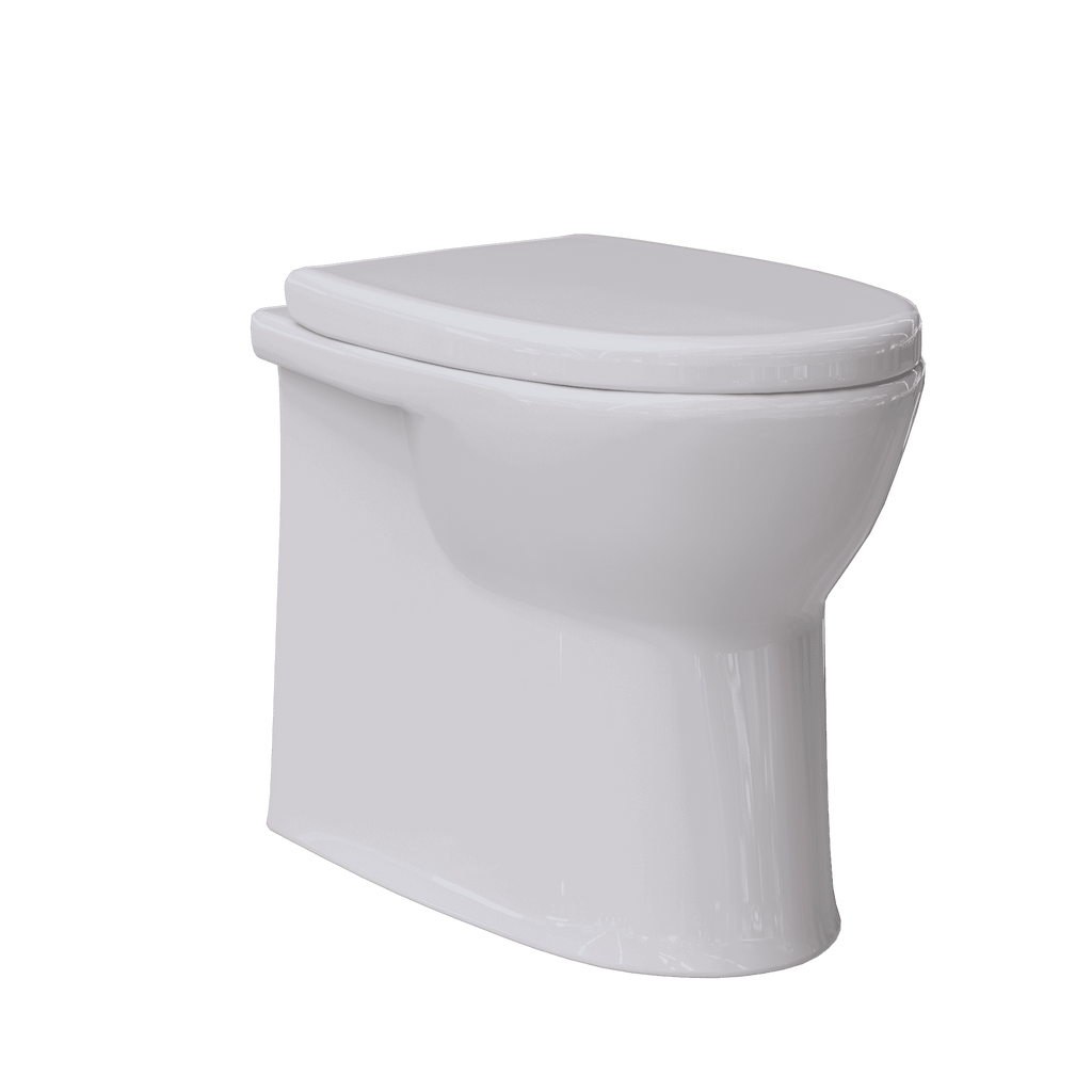 Sleek white modern toilet with a soft-close lid, ideal for contemporary bathroom designs and optimised for comfort and hygiene.