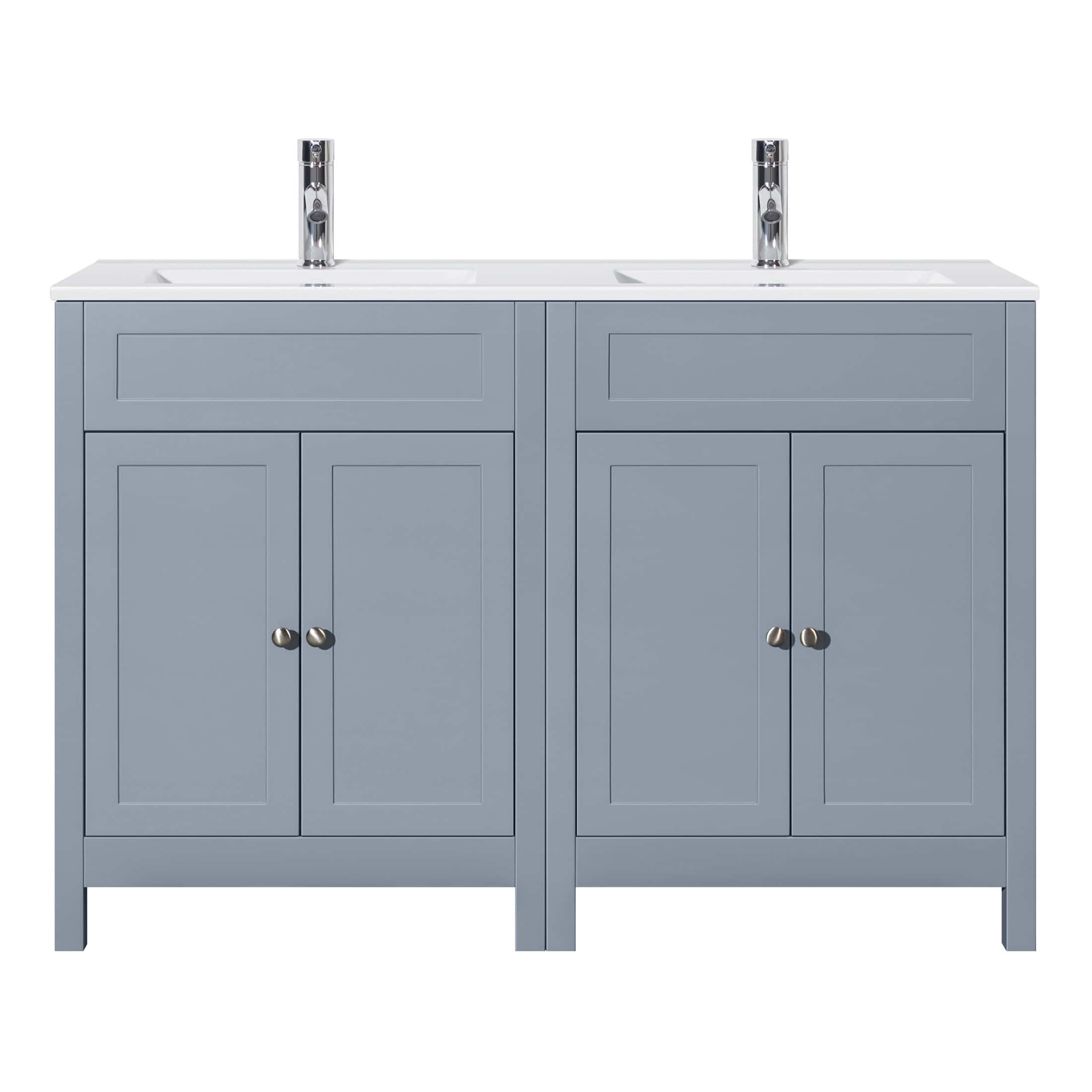 Double bathroom vanity with twin sinks, grey wooden cabinets, and chrome faucets, ideal for modern bathrooms. Perfect storage solution for a stylish and functional bathroom setup.