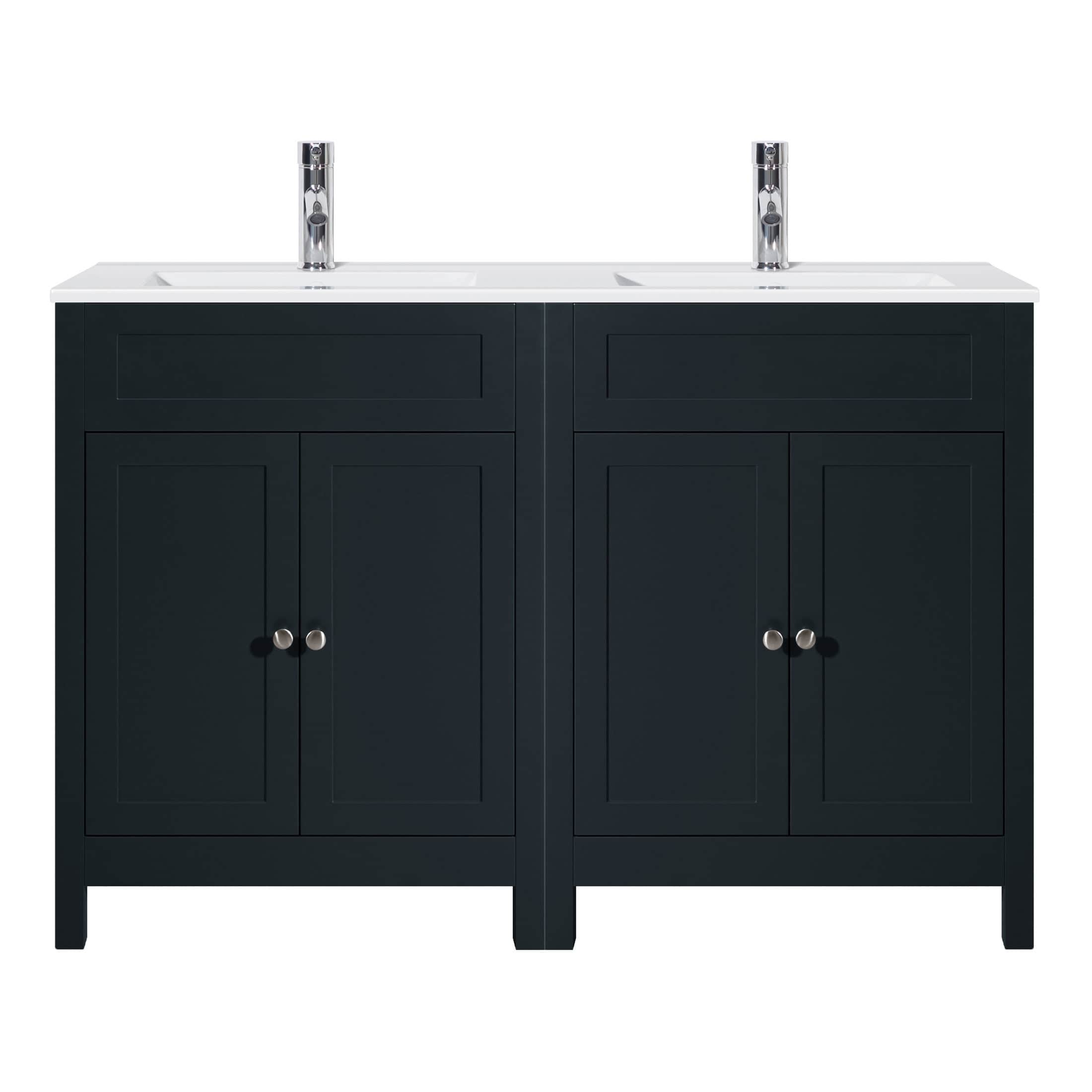 Double vanity bathroom unit with twin basins and black cabinetry, modern design, ideal for contemporary bathrooms, featuring sleek chrome faucets and storage drawers, perfect for bathroom organisation and style.