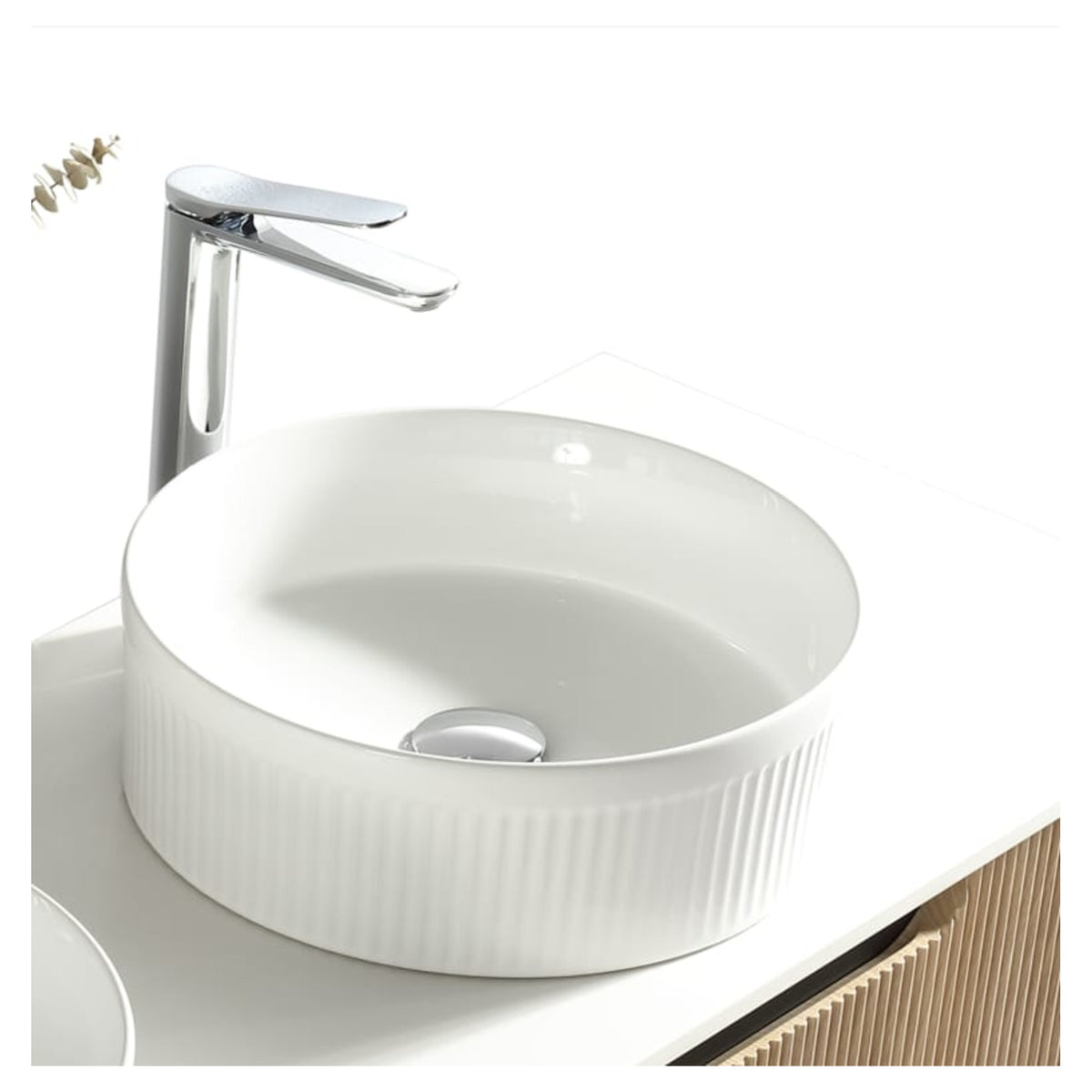 Tailored Flauto Fluted Round Countertop Basin - 375mm Wide - White