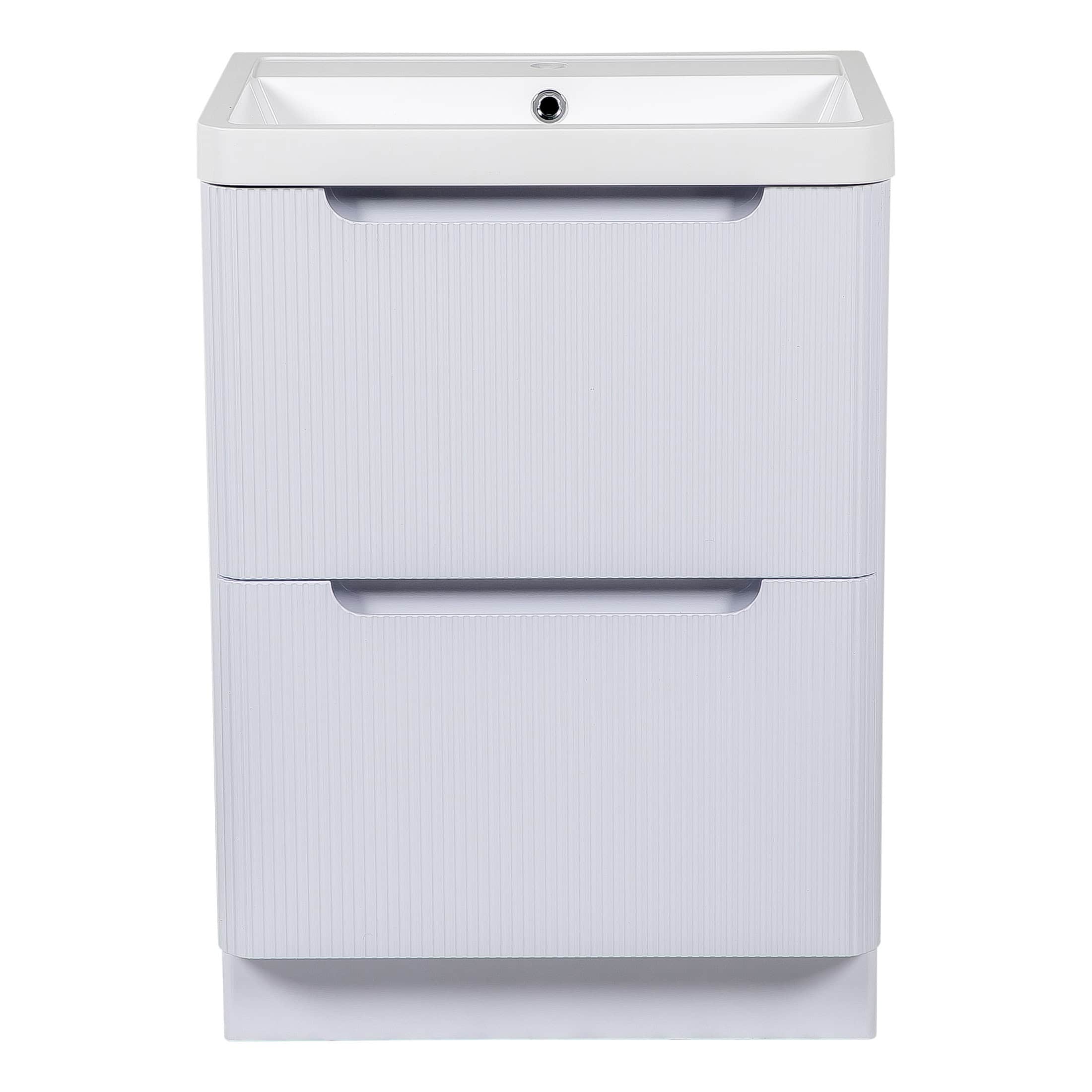 White bathroom vanity with integrated sink and drawers, modern bathroom storage cabinet for bathroom organisation and style.