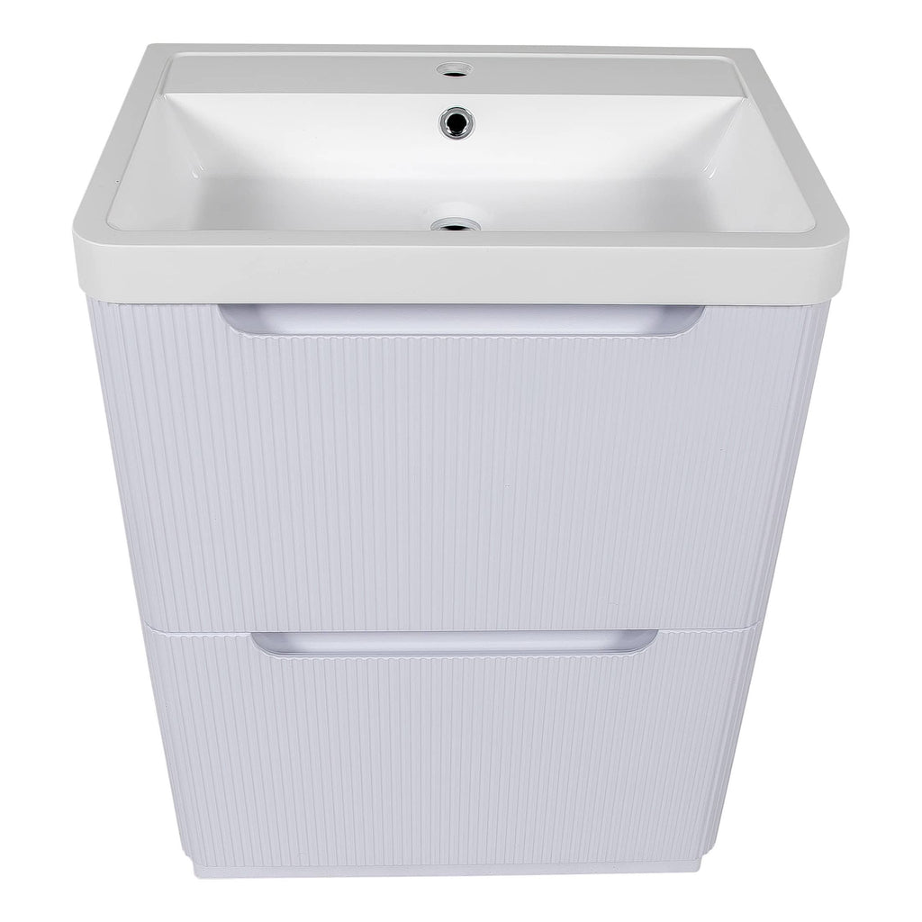 White bathroom sink vanity with integrated storage drawers and a modern design, ideal for contemporary bathrooms. Perfect for stylish bathroom upgrades and space-saving solutions.
