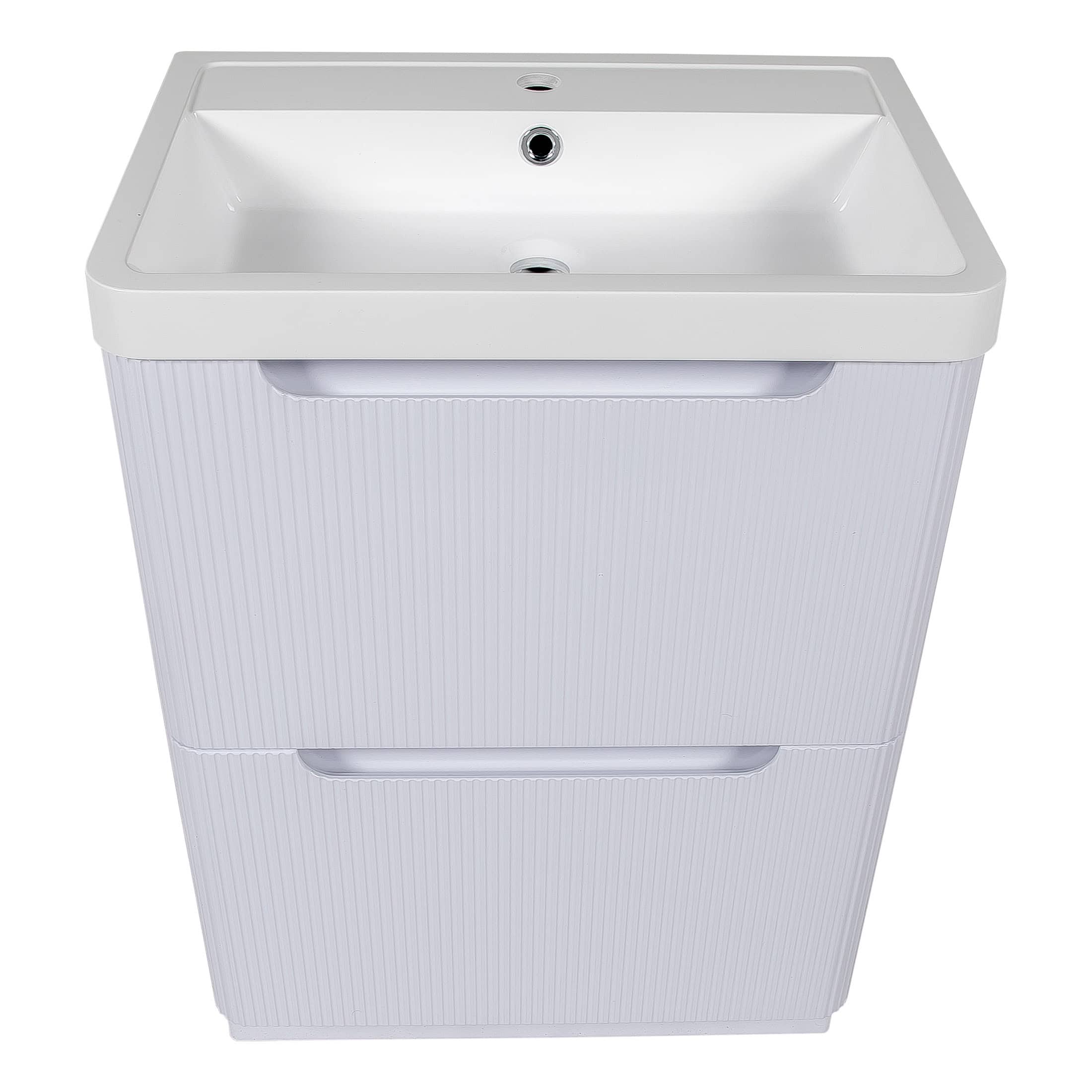 White bathroom sink vanity with integrated storage drawers and a modern design, ideal for contemporary bathrooms. Perfect for stylish bathroom upgrades and space-saving solutions.