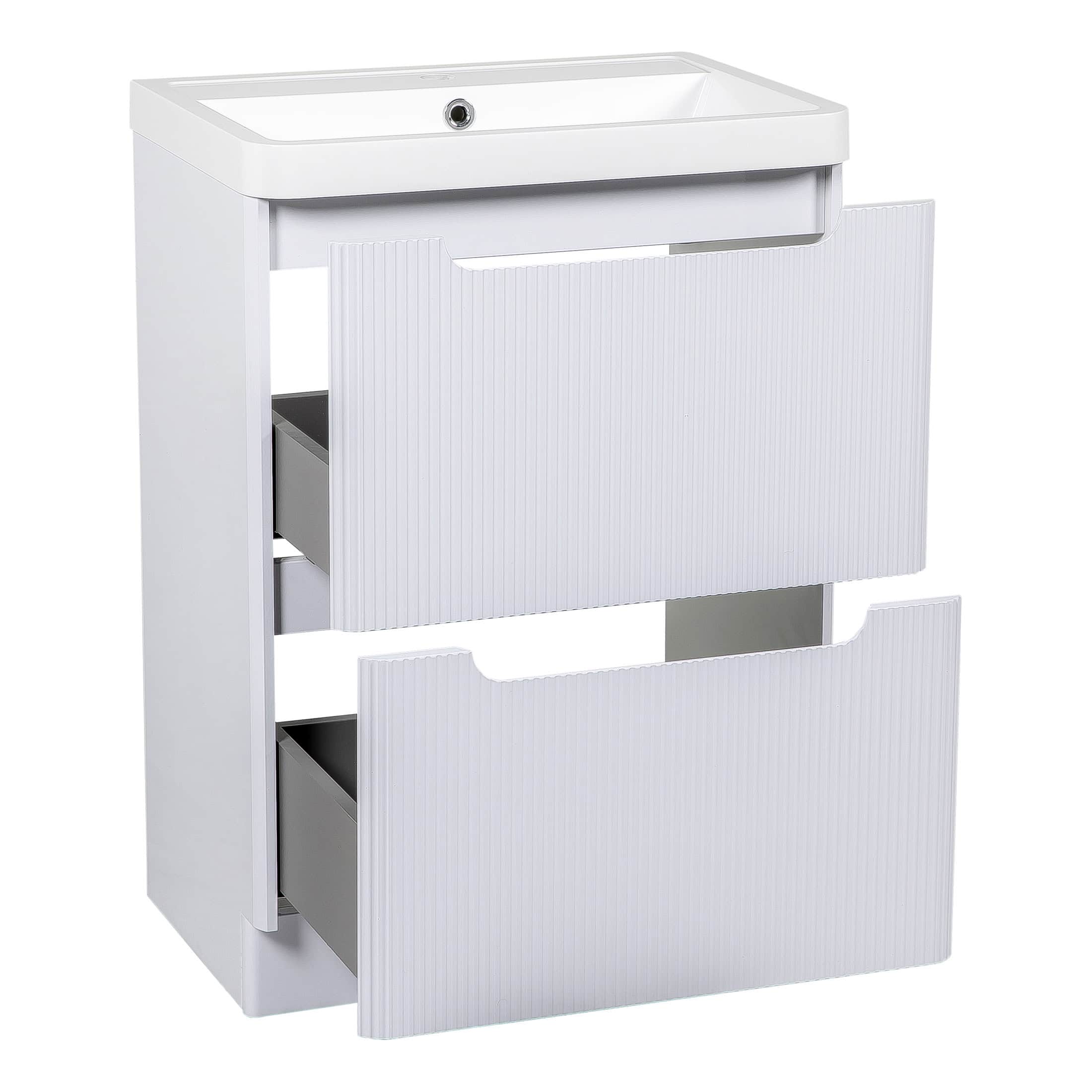 Modern white bathroom vanity with integrated sink and spacious drawers, ideal for contemporary bathroom storage solutions. Perfect for organising toiletries and accessories efficiently.